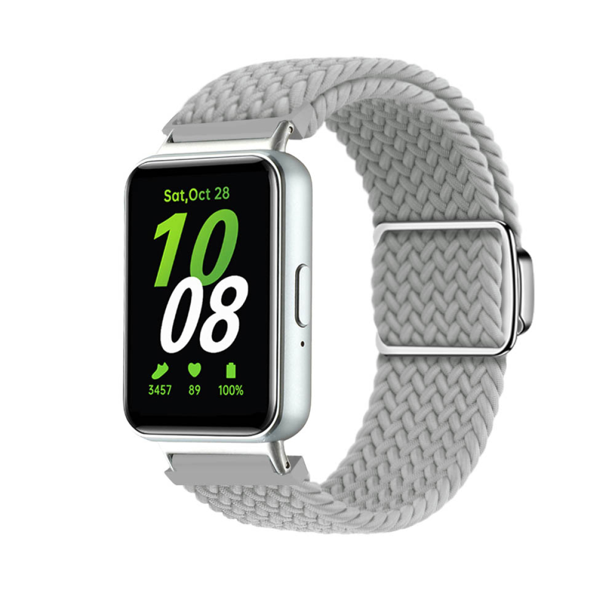 Smartwatch mit grauem geflochtenem Armband, zeigt Zeit und Herzfrequenz.