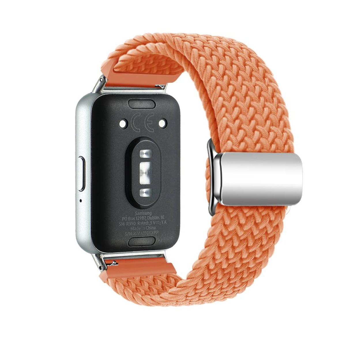Smartwatch mit orangefarbenem geflochtenem Armband, Rückansicht, mit Sensor und Markierungen.