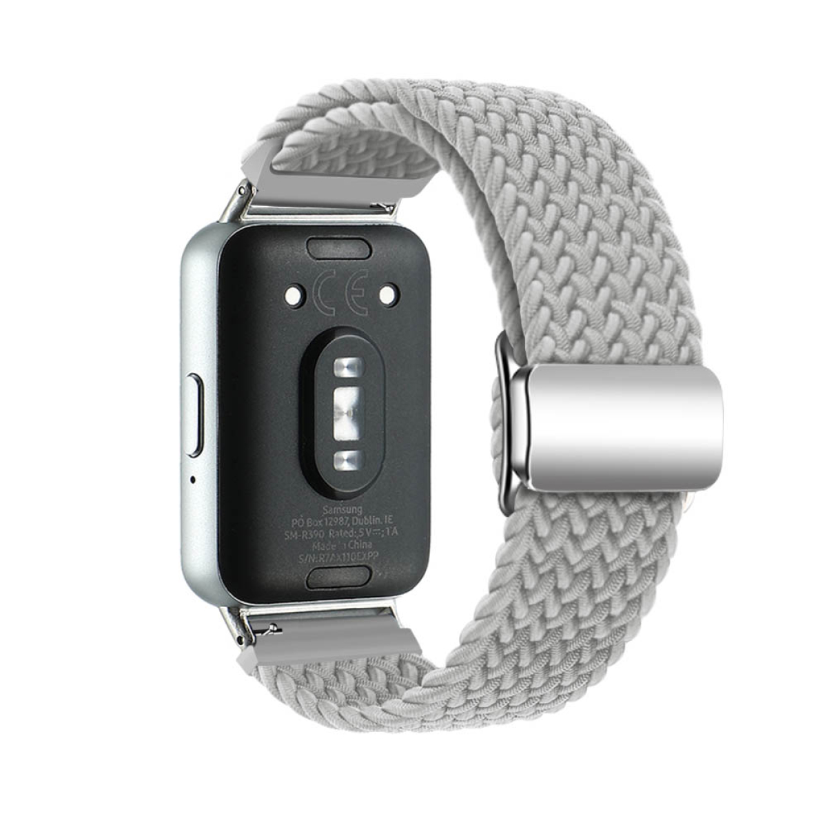 Rückseite einer Smartwatch mit grauem geflochtenem Armband und weißem Hintergrund.
