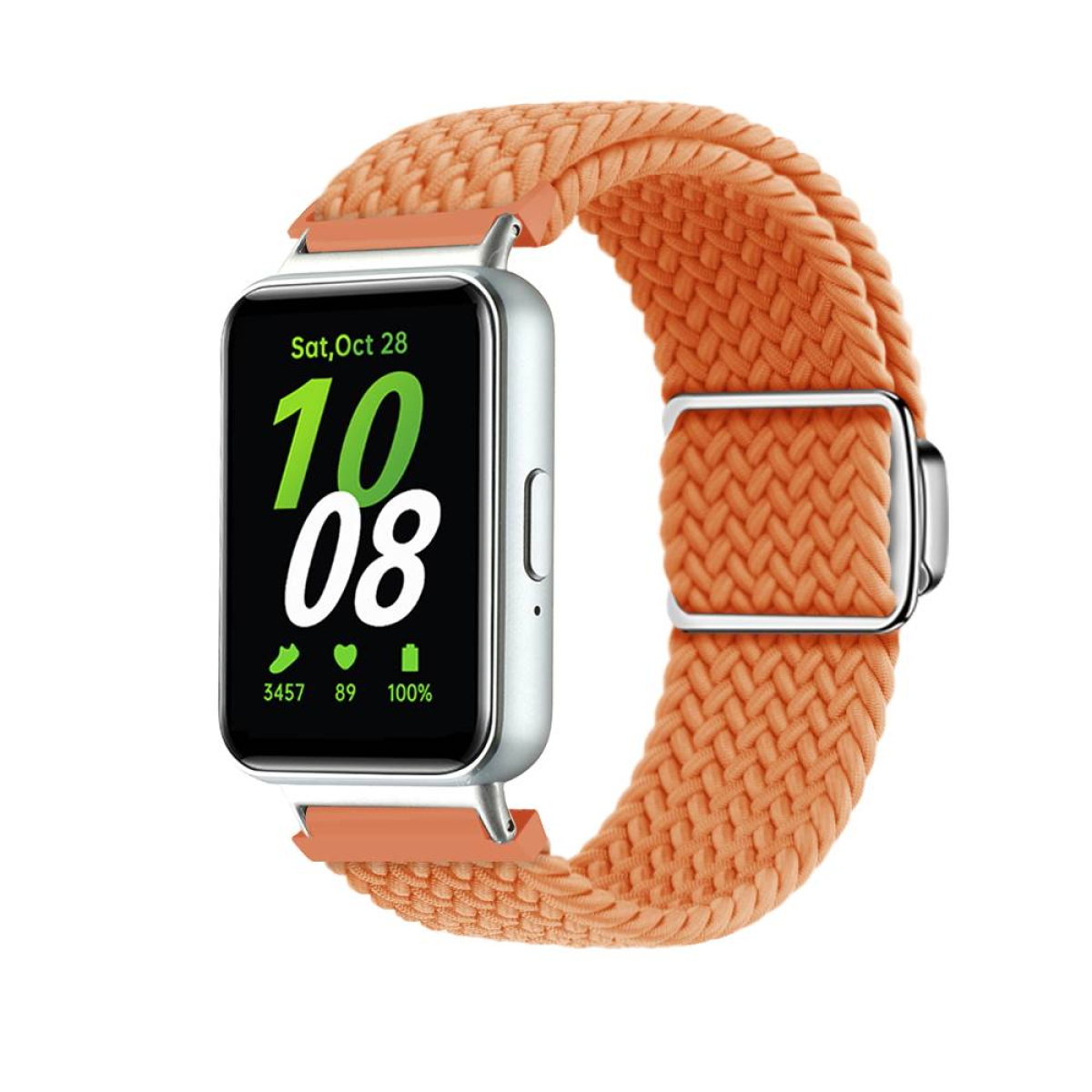 Eine Smartwatch mit orangefarbenem geflochtenem Band zeigt Datum und Uhrzeit an: Sa, 28. Okt., 10:08.