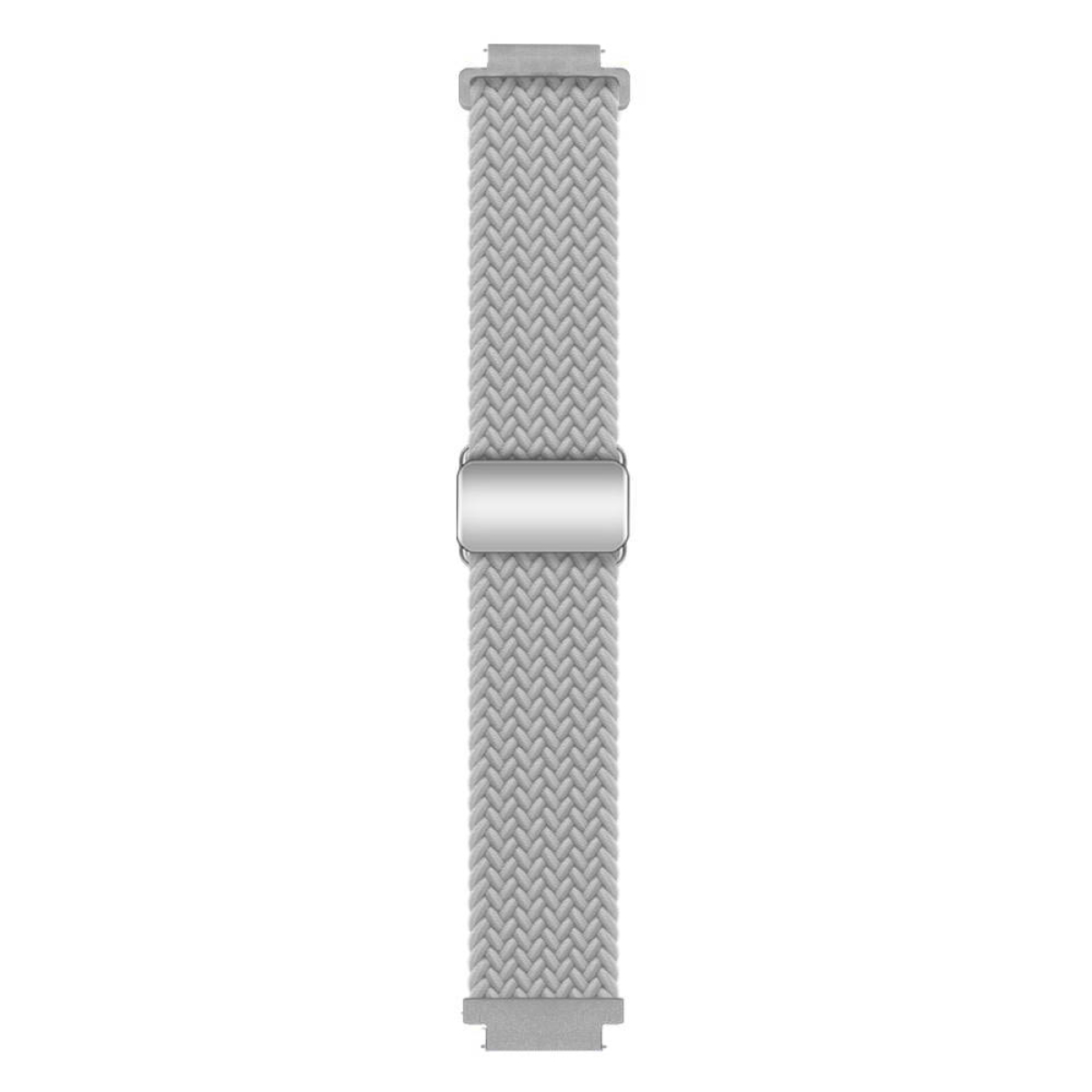 Ein graues, gewebtes Uhrenarmband mit silberner Schließe. Es ist vor einem weißen Hintergrund platziert.
