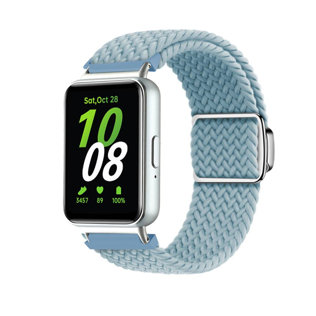 Eine silberne Smartwatch mit blauem geflochtenem Armband, zeigt Datum, Uhrzeit und Gesundheitsdaten.
