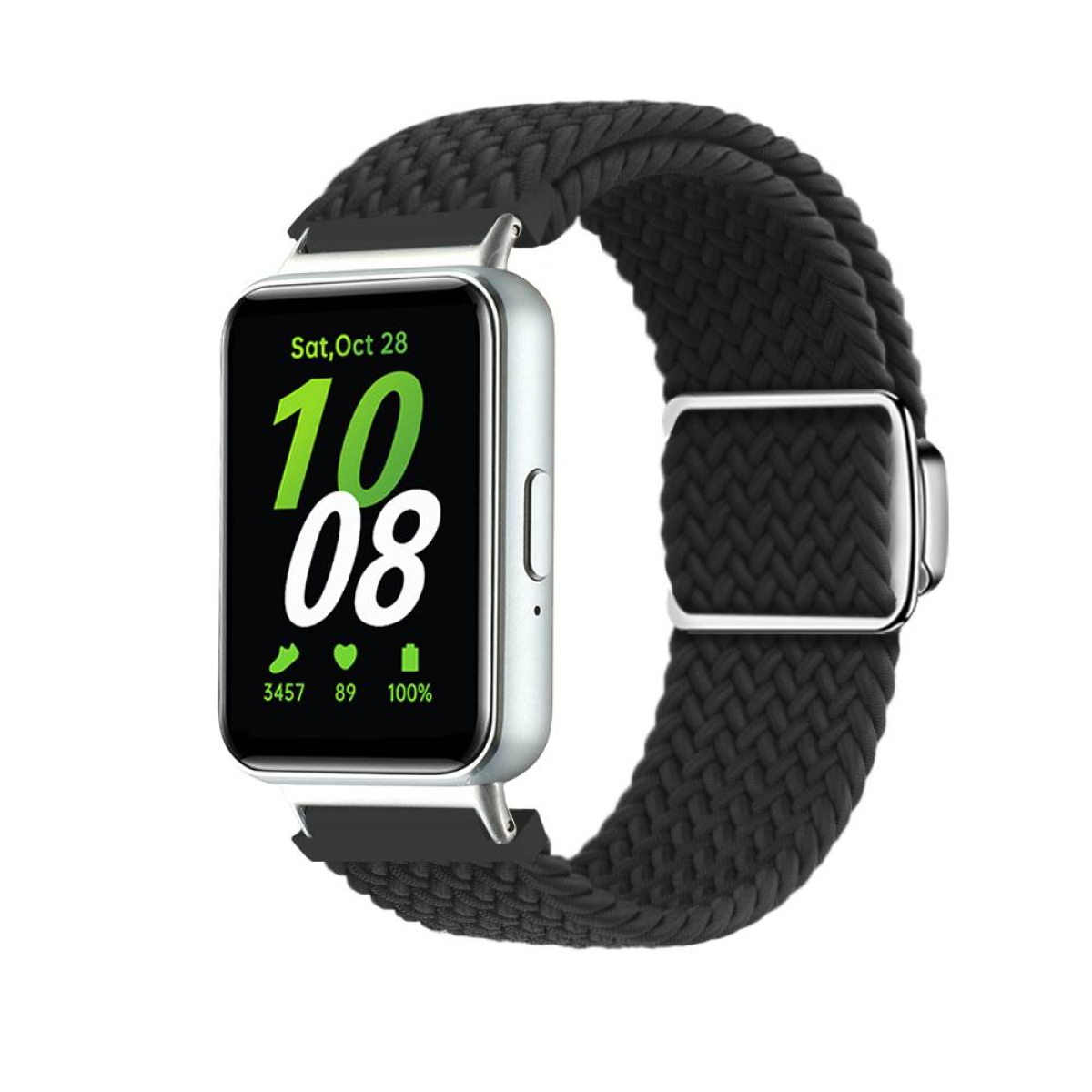 Eine silberne Smartwatch mit einem schwarzen geflochtenen Band, das Datum und Uhrzeit anzeigt.