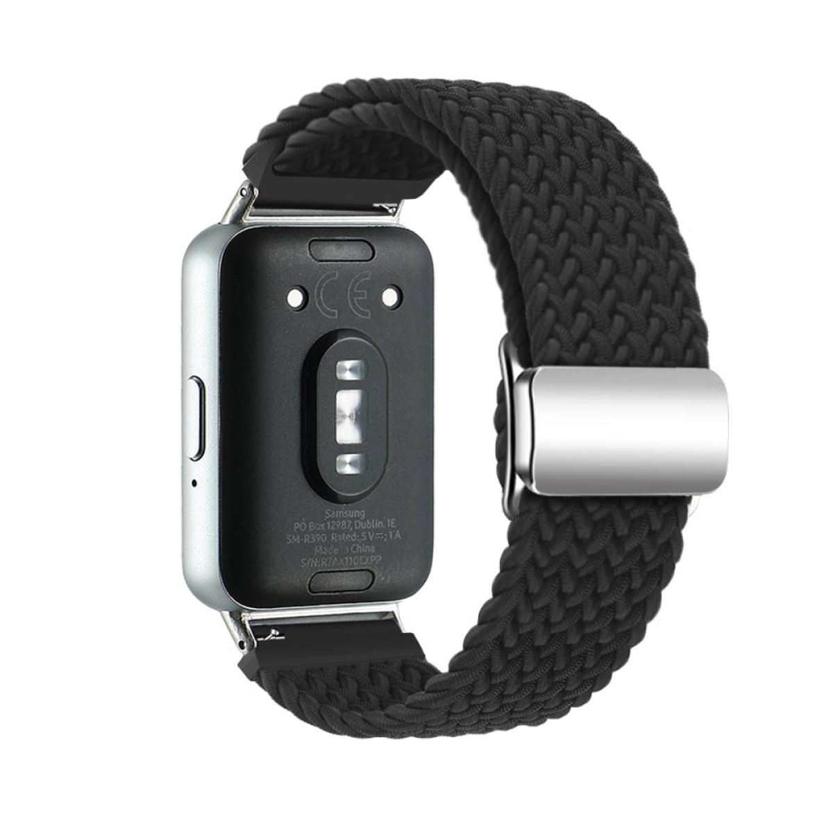 Smartwatch mit schwarzem geflochtenem Band. Die Uhr hat einen silbernen Rahmen und einen schwarzen Bildschirm.