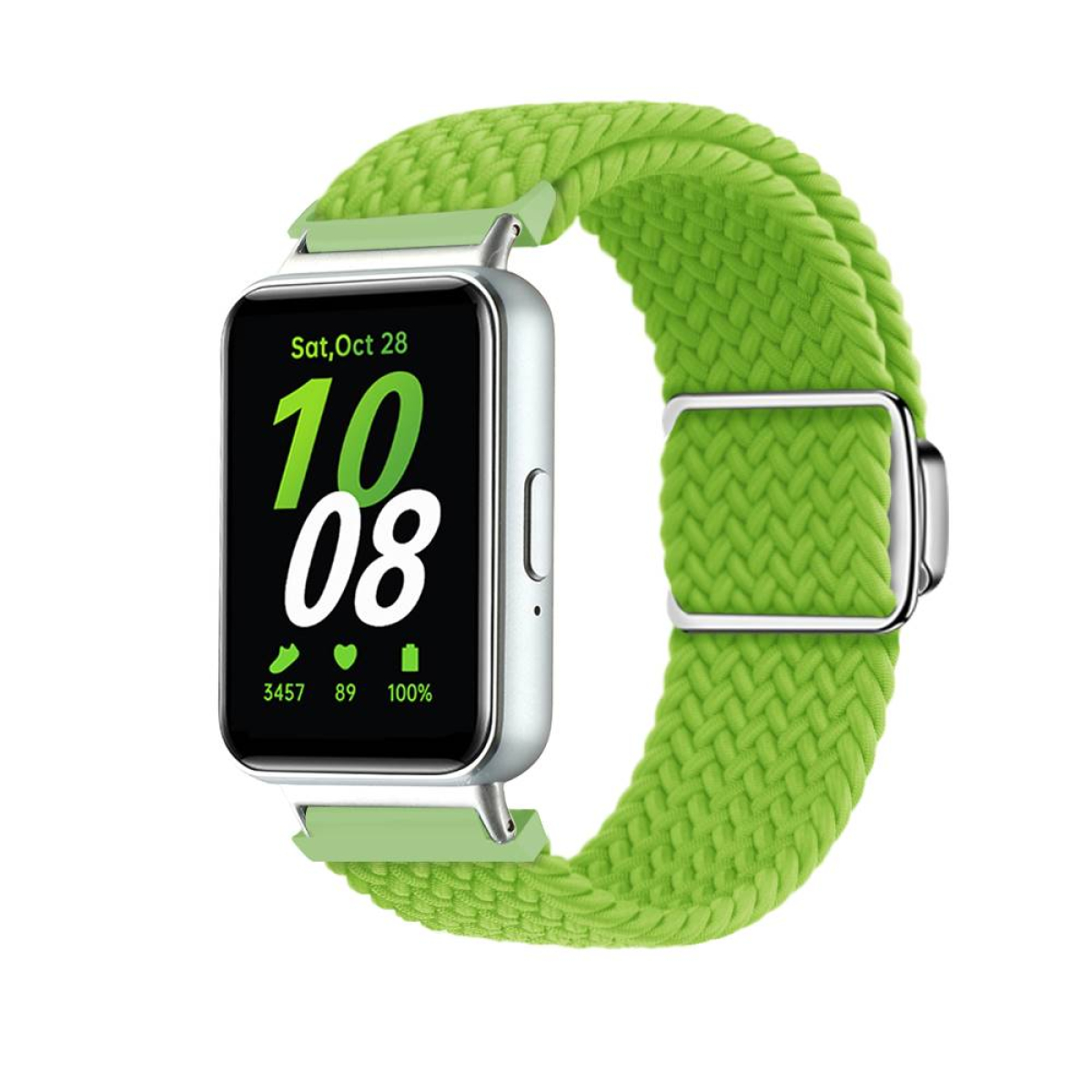 Smartwatch mit grünem geflochtenem Band. Der Bildschirm zeigt Datum, Uhrzeit und Gesundheitsdaten.
