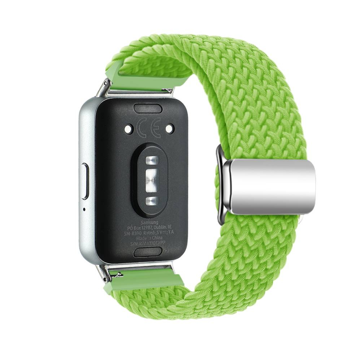 Eine Smartwatch mit einem grünen gewebten Armband, die Rückseite mit Serieninformationen zeigend.