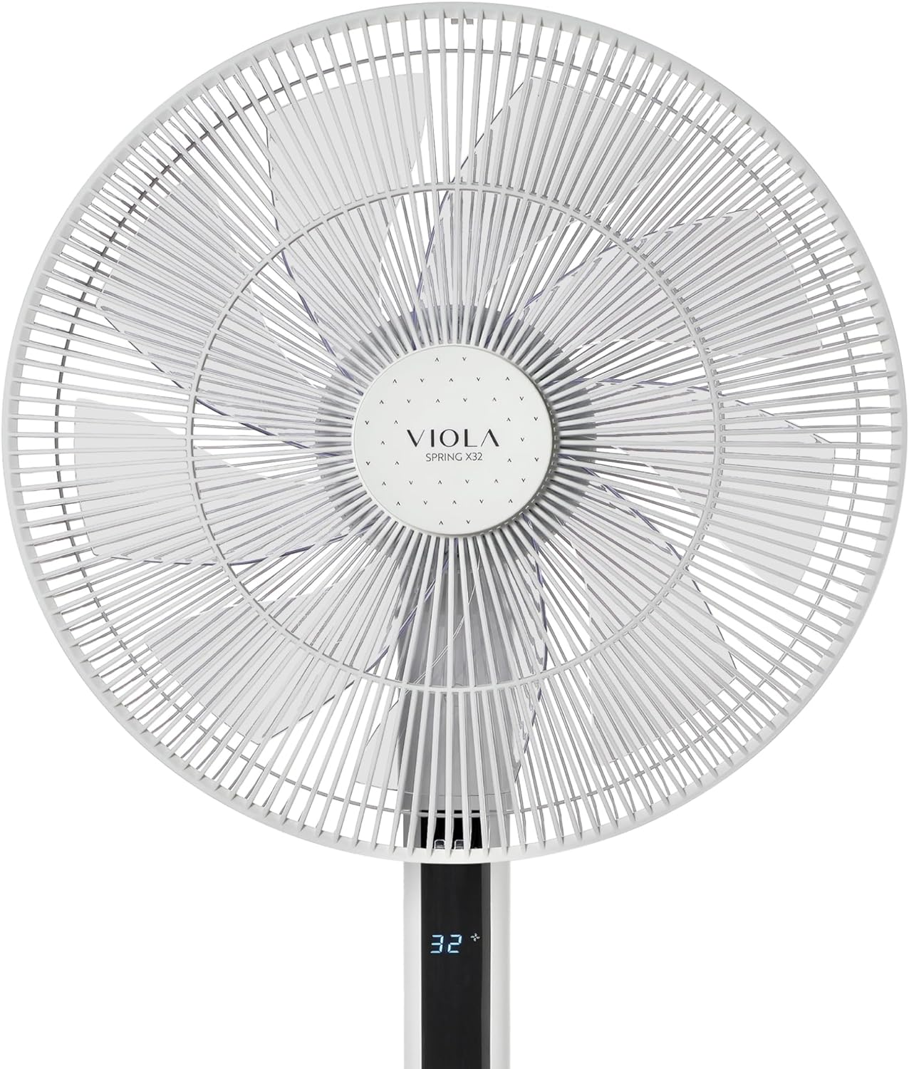 Un ventilador VIOLA blanco con múltiples aspas y una pantalla digital en la base.