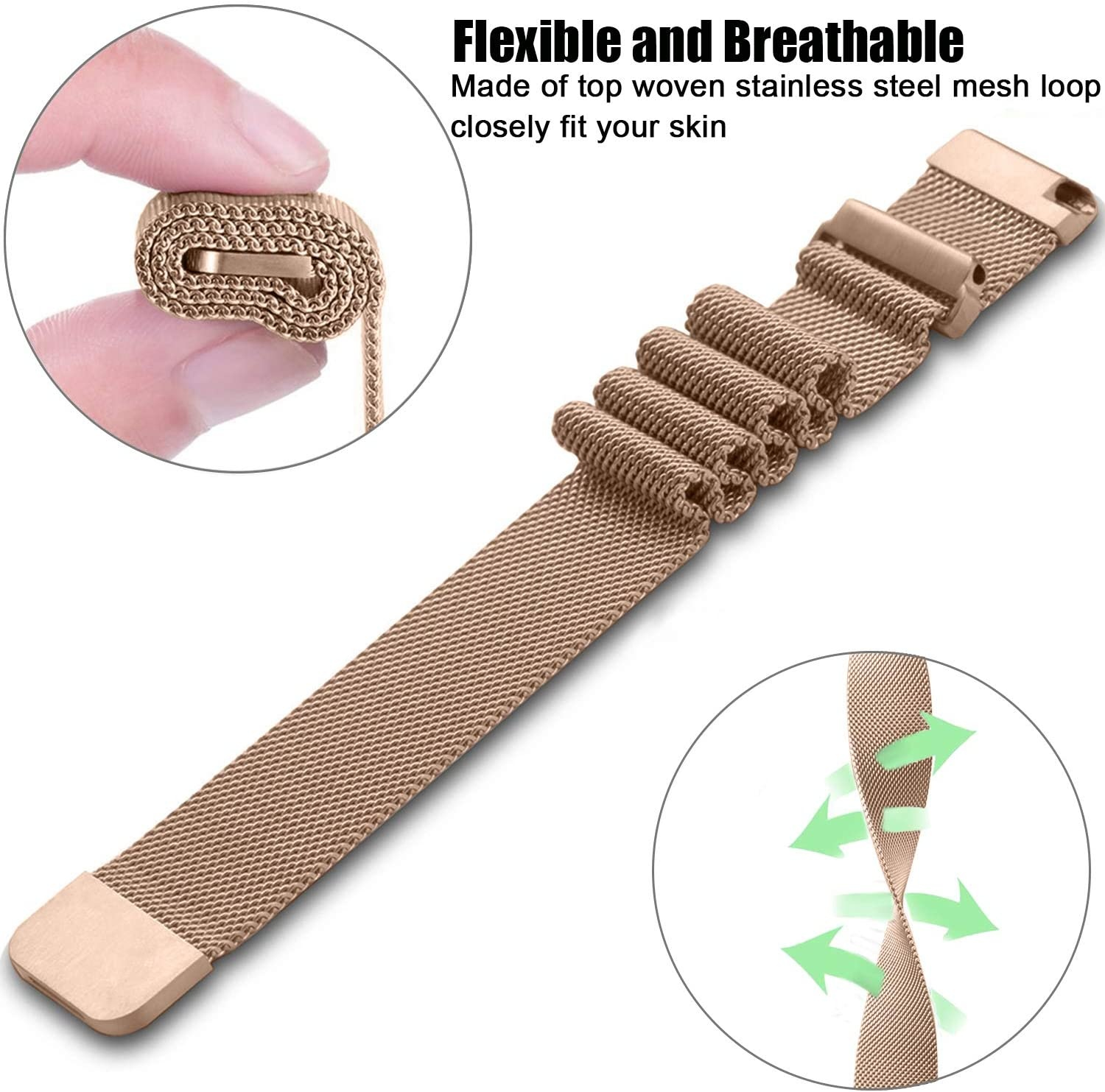 Beigefarbenes Metallmaschen-Uhrenarmband mit grünen Pfeilen und einem aufgerollten Abschnitt.