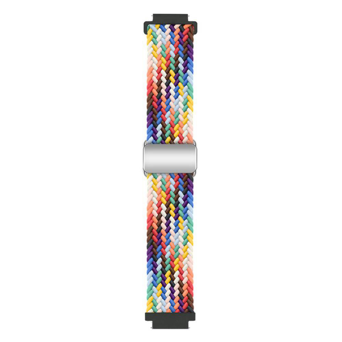 Geflochtenes Uhrenarmband mit farbenfrohem Muster.