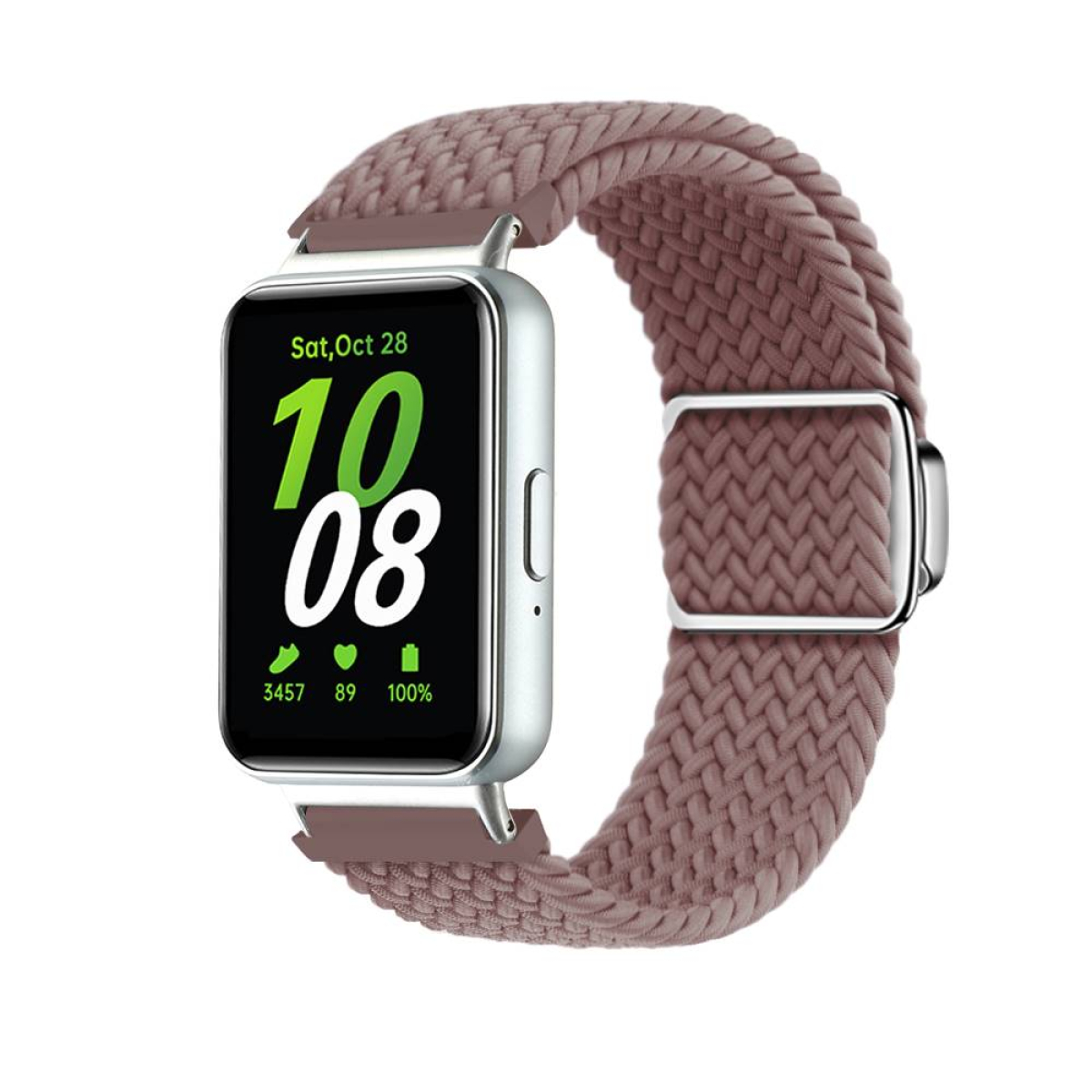 Smartwatch mit silbernem Gehäuse und einem mauve geflochtenen Armband. Der Bildschirm zeigt Datum und Uhrzeit.