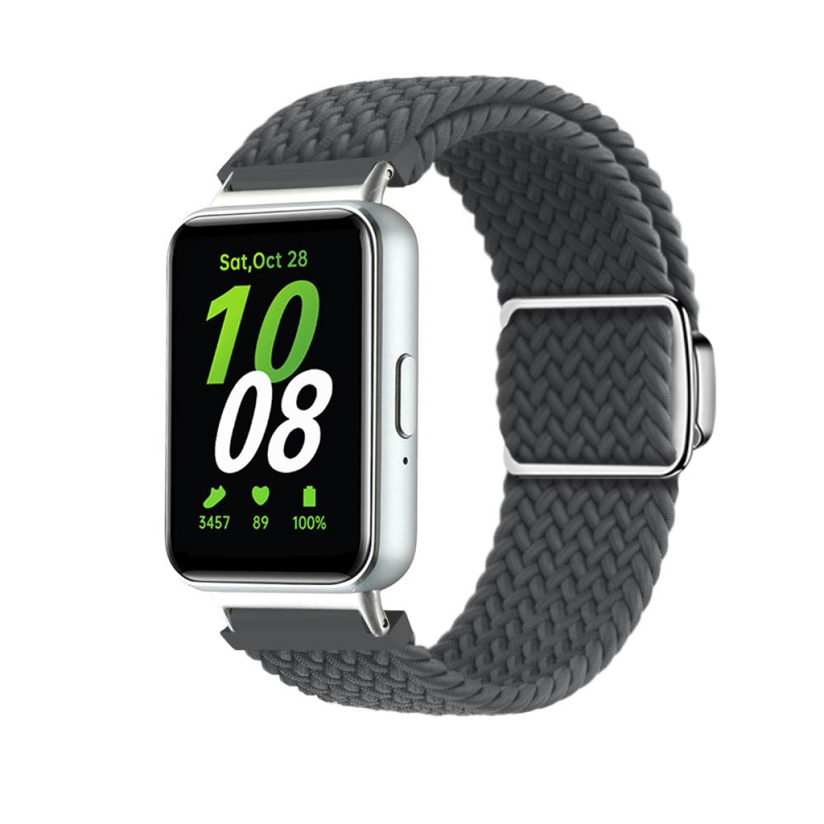 Silberne Smartwatch mit einem grauen geflochtenen Armband. Der Bildschirm zeigt Zeit und Gesundheitsmetriken an.