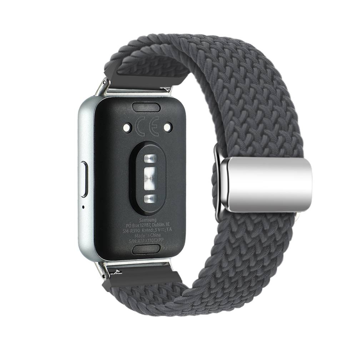 Silberne Smartwatch mit grau geflochtenem Armband. Die Rückseite zeigt Gerätedetails.