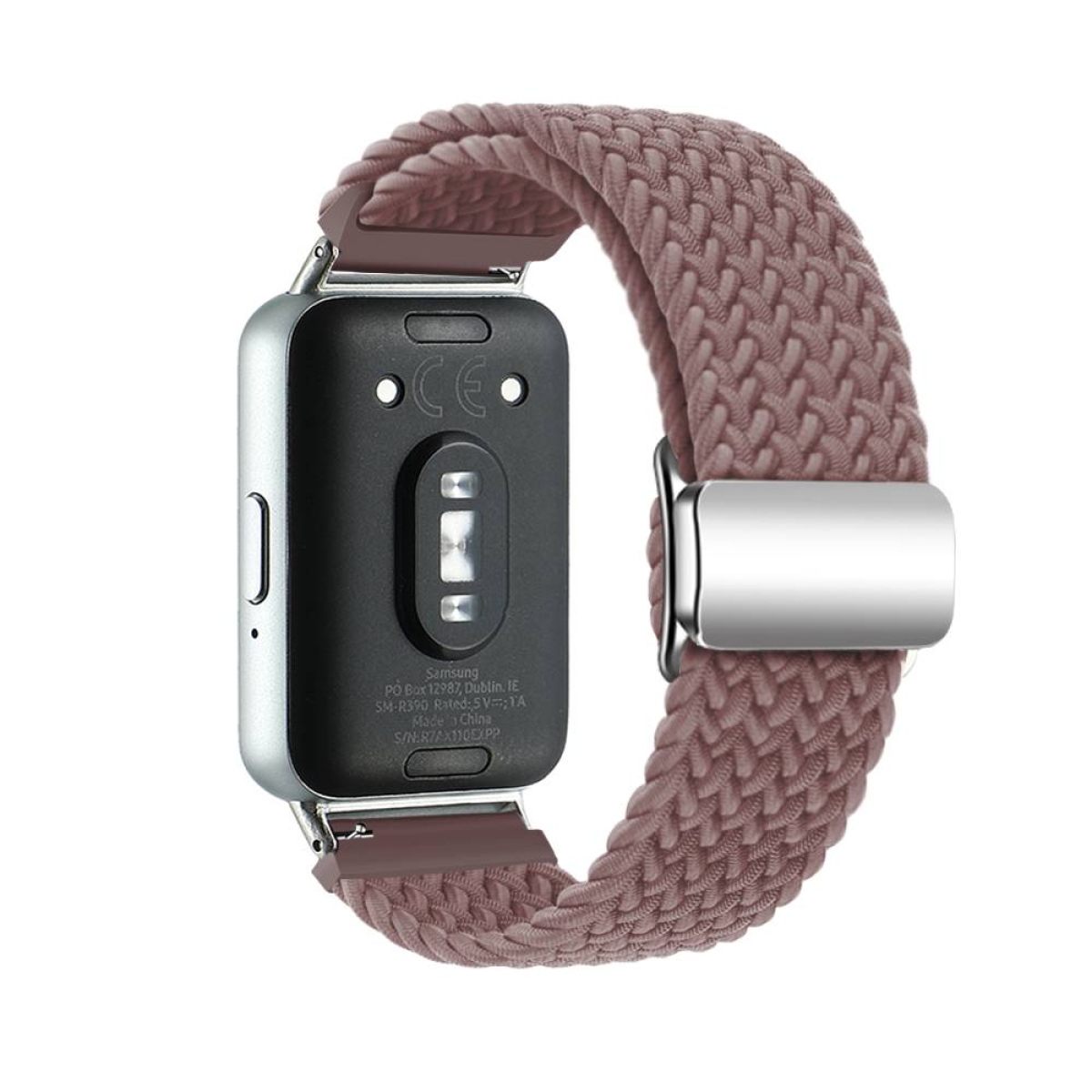 Ein mauvefarbenes, gewebtes Uhrenarmband mit silberner Schnalle. Die Uhr ist hinten schwarz, seitlich silber.