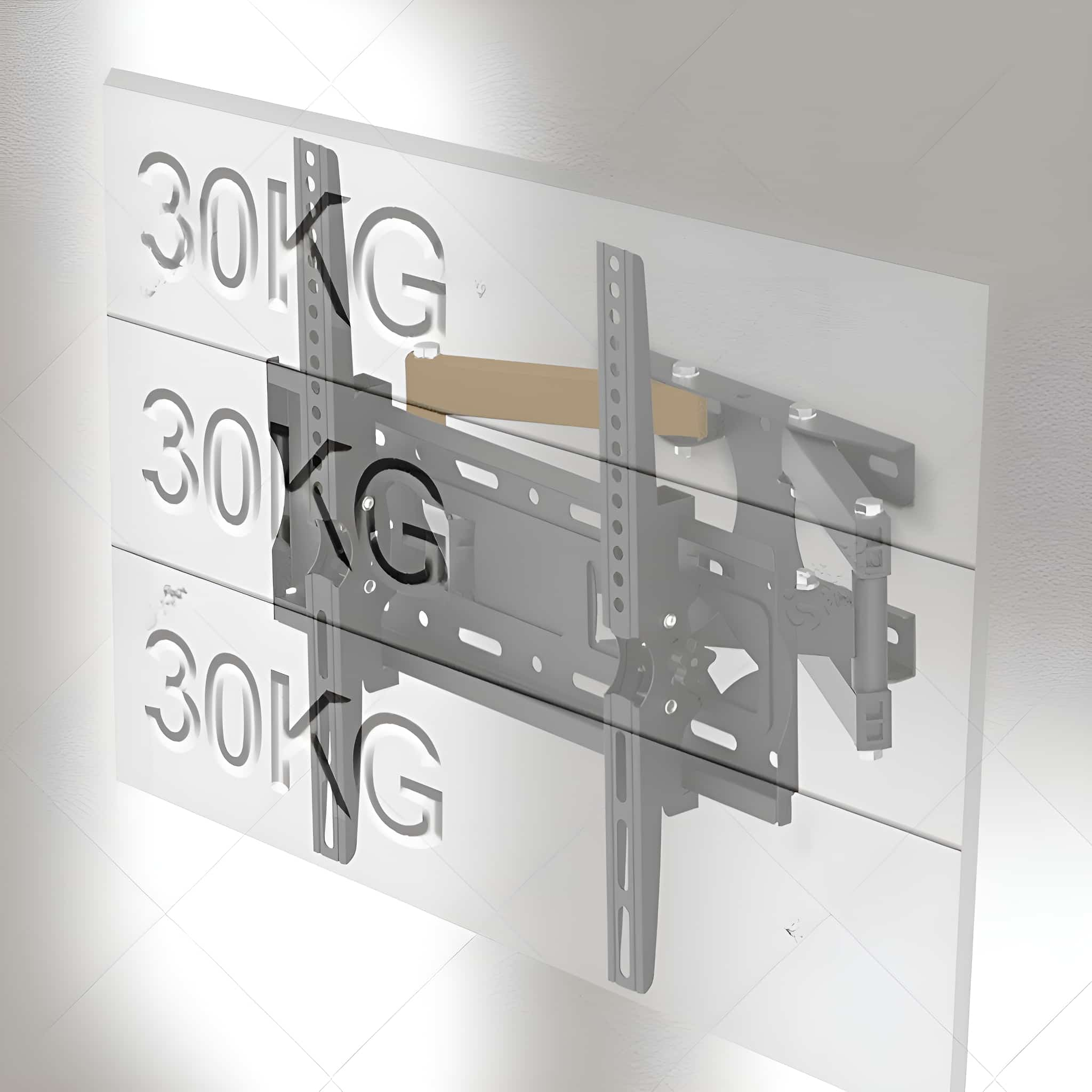 TV-Halterung an einer weißen Wand mit der dreifachen Aufschrift '30KG'.