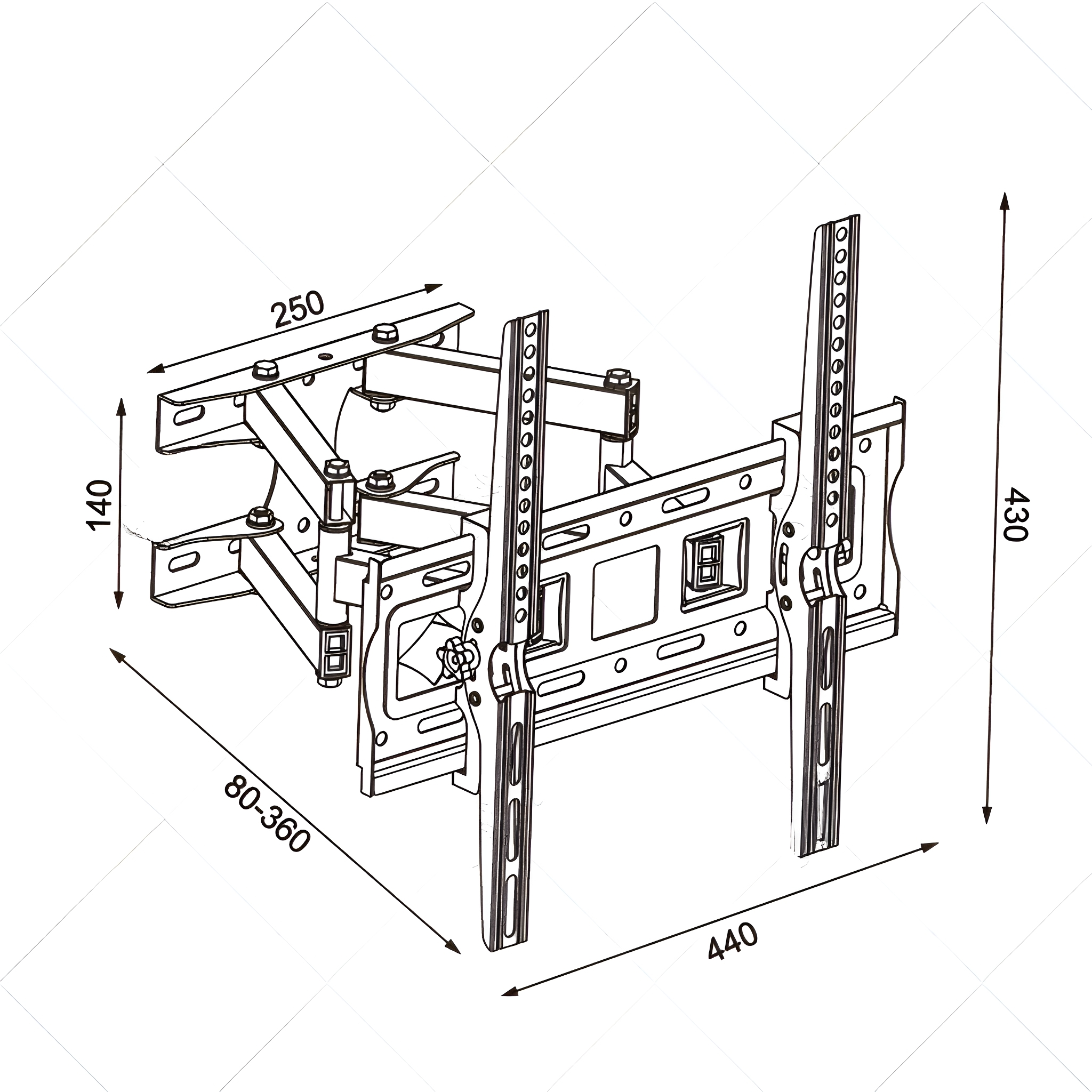 TV-Wandhalterung mit Abmessungen. Schwarz mit Silber. Diagramm zeigt Messungen.