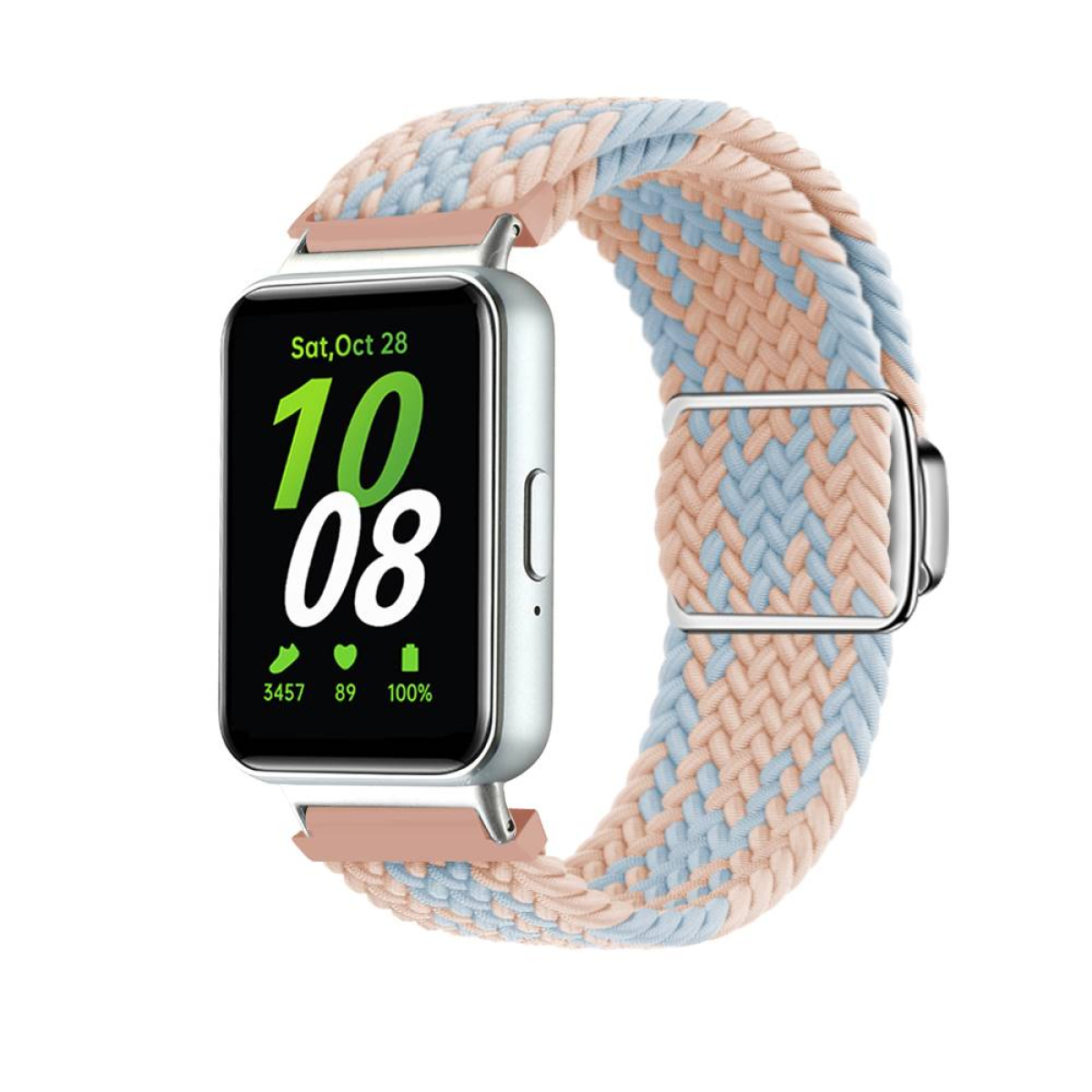 Eine Smartwatch mit rosa und blau geflochtenem Armband, zeigt Datum, Uhrzeit und Aktivitätsdaten.
