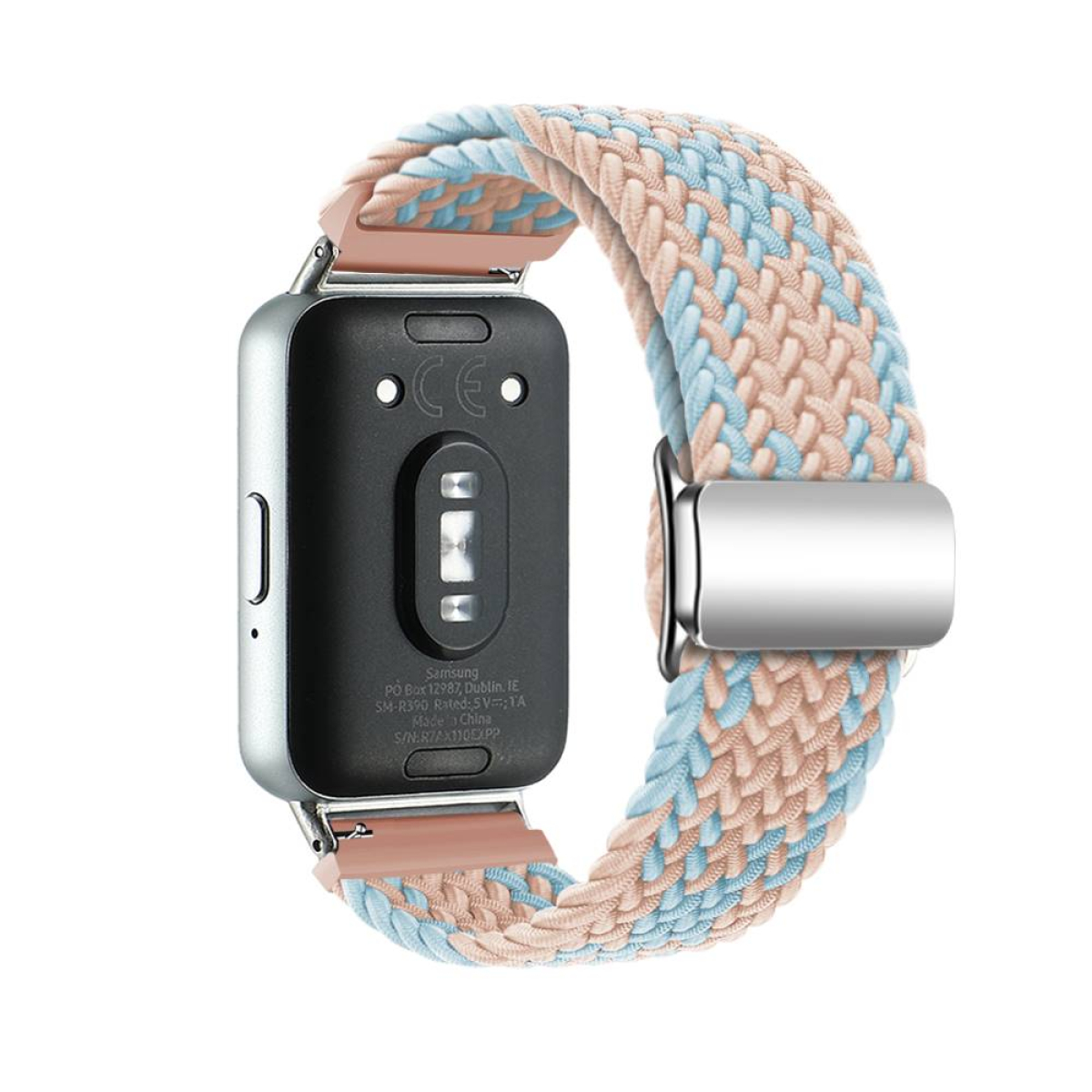 Smartwatch, schwarz und silber, mit einem gewebten rosa-blauen Armband.