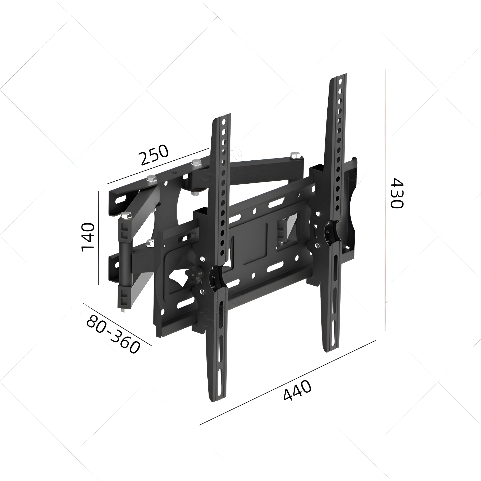 Eine schwarze TV-Wandhalterung mit Maßangaben. Abmessungen sind in Millimetern.