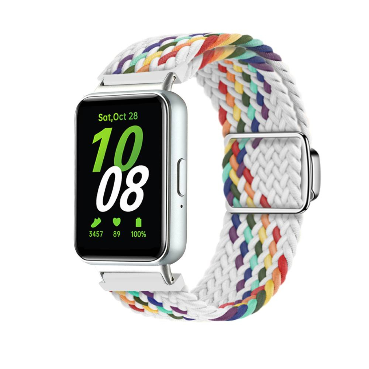 Eine Smartwatch mit einem regenbogenfarbenen geflochtenen Armband. Der Bildschirm zeigt Datum und Uhrzeit an.