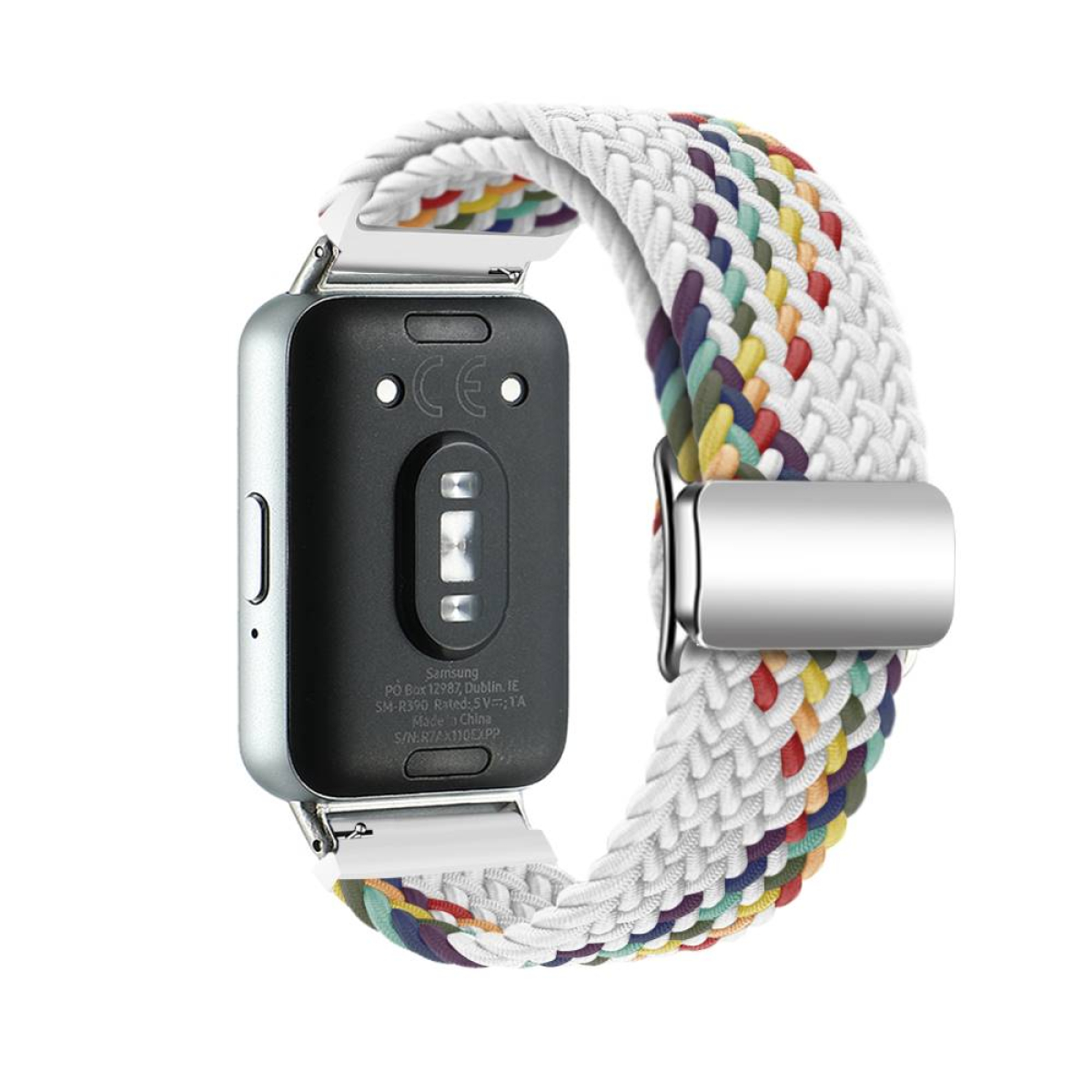 Eine Smartwatch mit einem weißen geflochtenen Armband, die Rückseite der Uhr mit einigen Details zeigend.