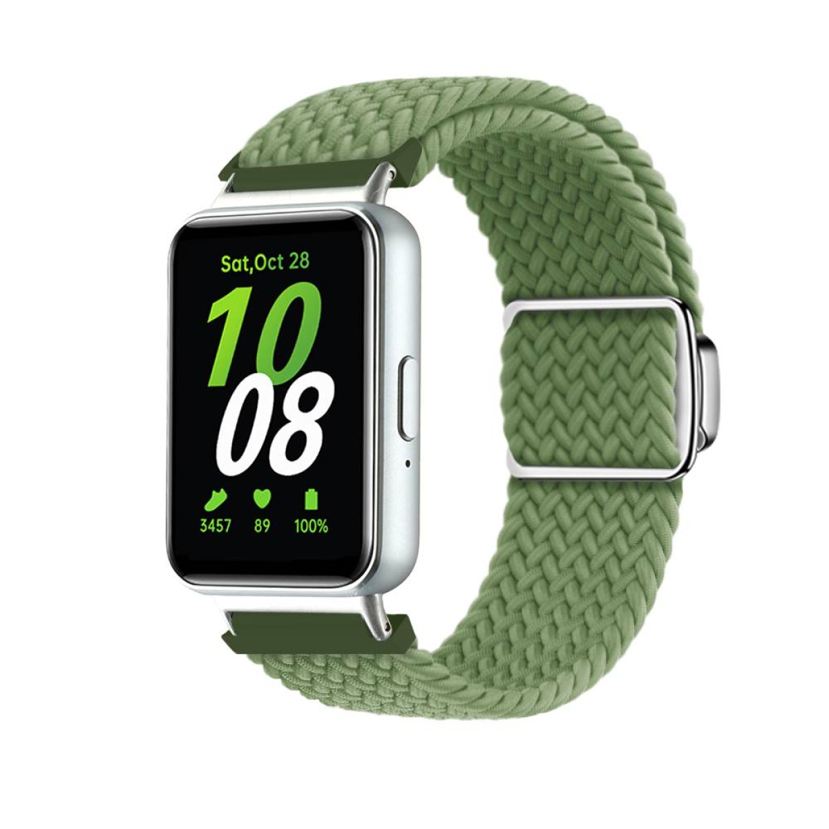 Eine Smartwatch mit grünem, gewebtem Armband. Der Bildschirm zeigt Datum und Uhrzeit an.