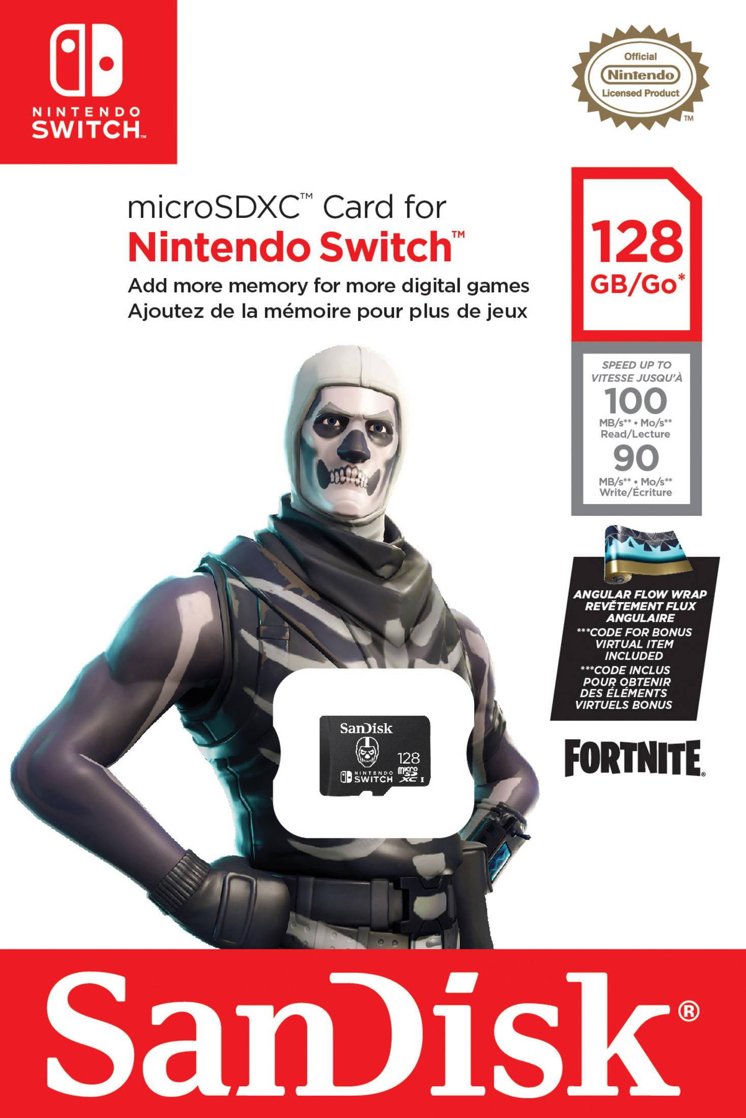 Un pacchetto Nintendo Switch con un personaggio di Fortnite e una scheda Sandisk.