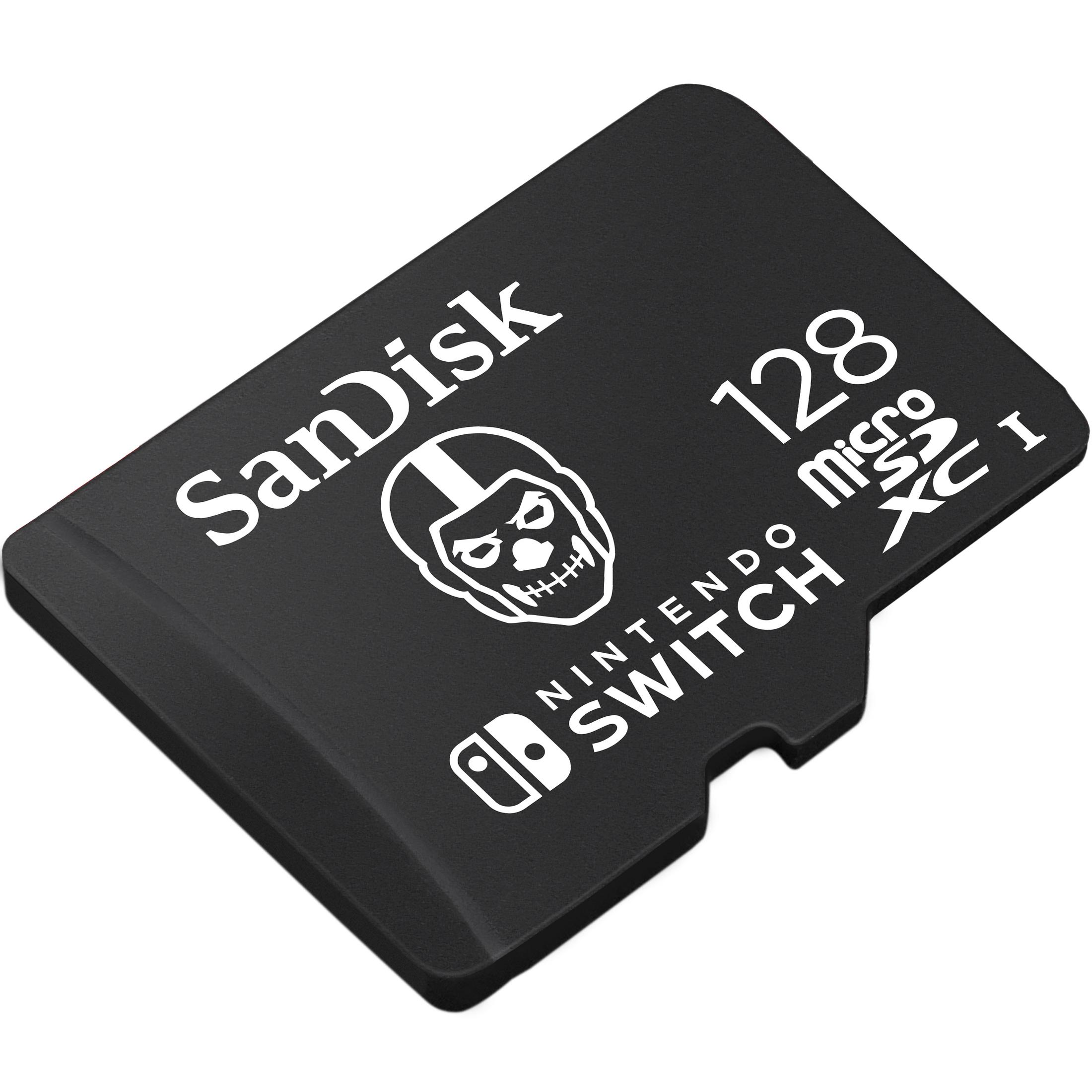 Scheda microSD SanDisk nera da 128GB con teschio.