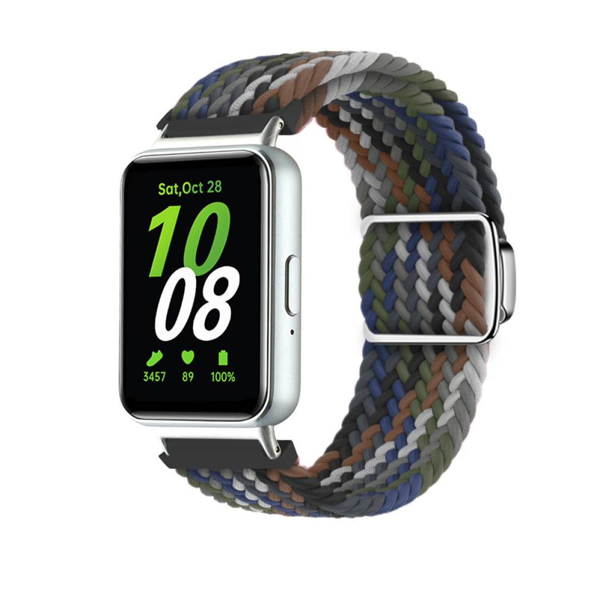 Smartwatch mit gewebtem Armband. Die Uhr zeigt Datum und Uhrzeit. Weißer Hintergrund.