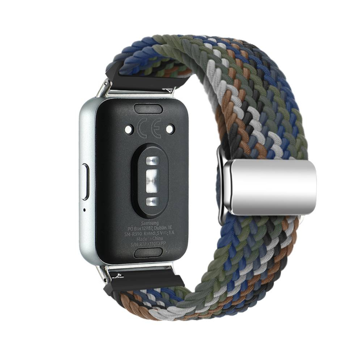 Die Rückseite einer Smartwatch mit einem mehrfarbigen geflochtenen Band wird vor einem weißen Hintergrund gezeigt.