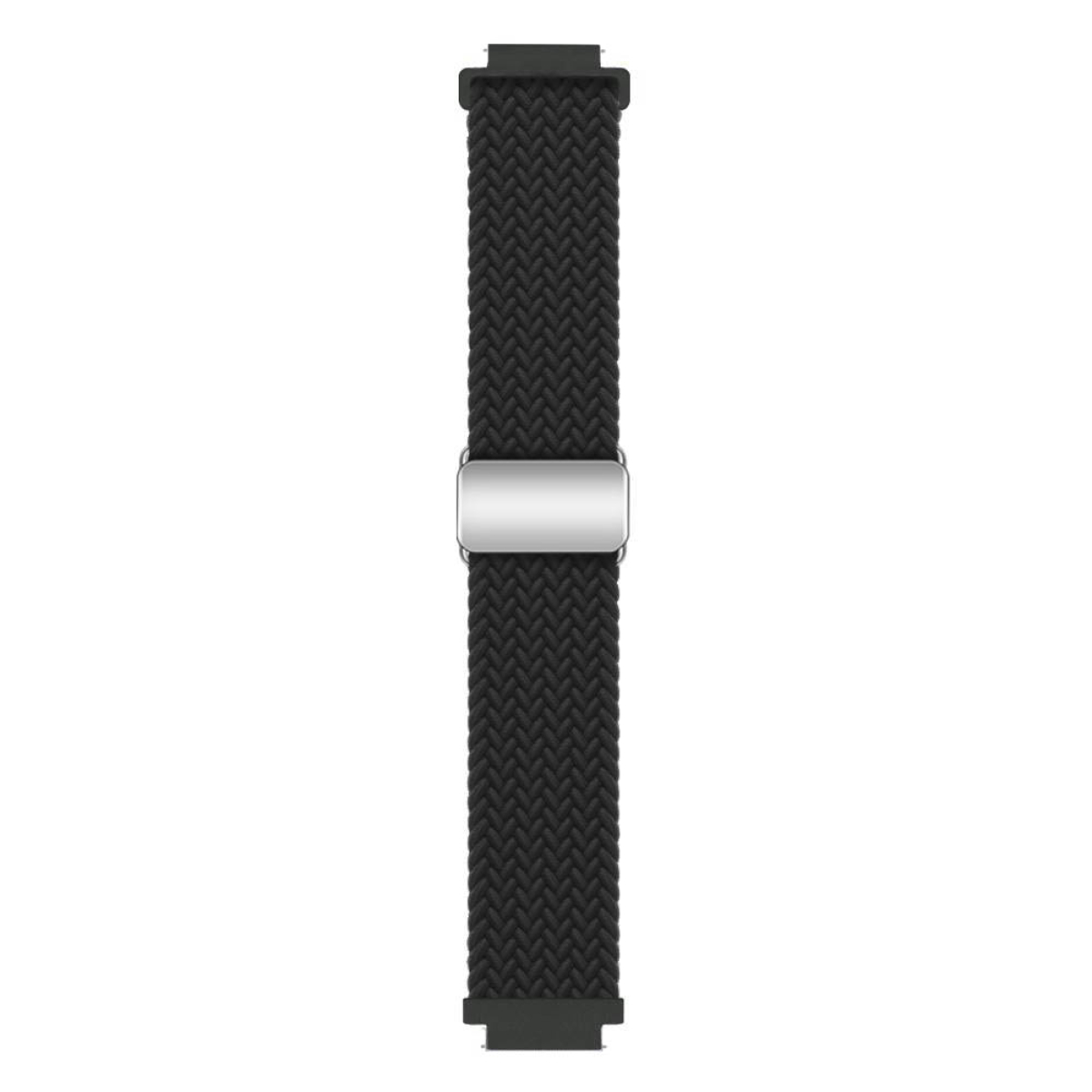 Schwarzes Uhrenarmband mit silberner Schließe.