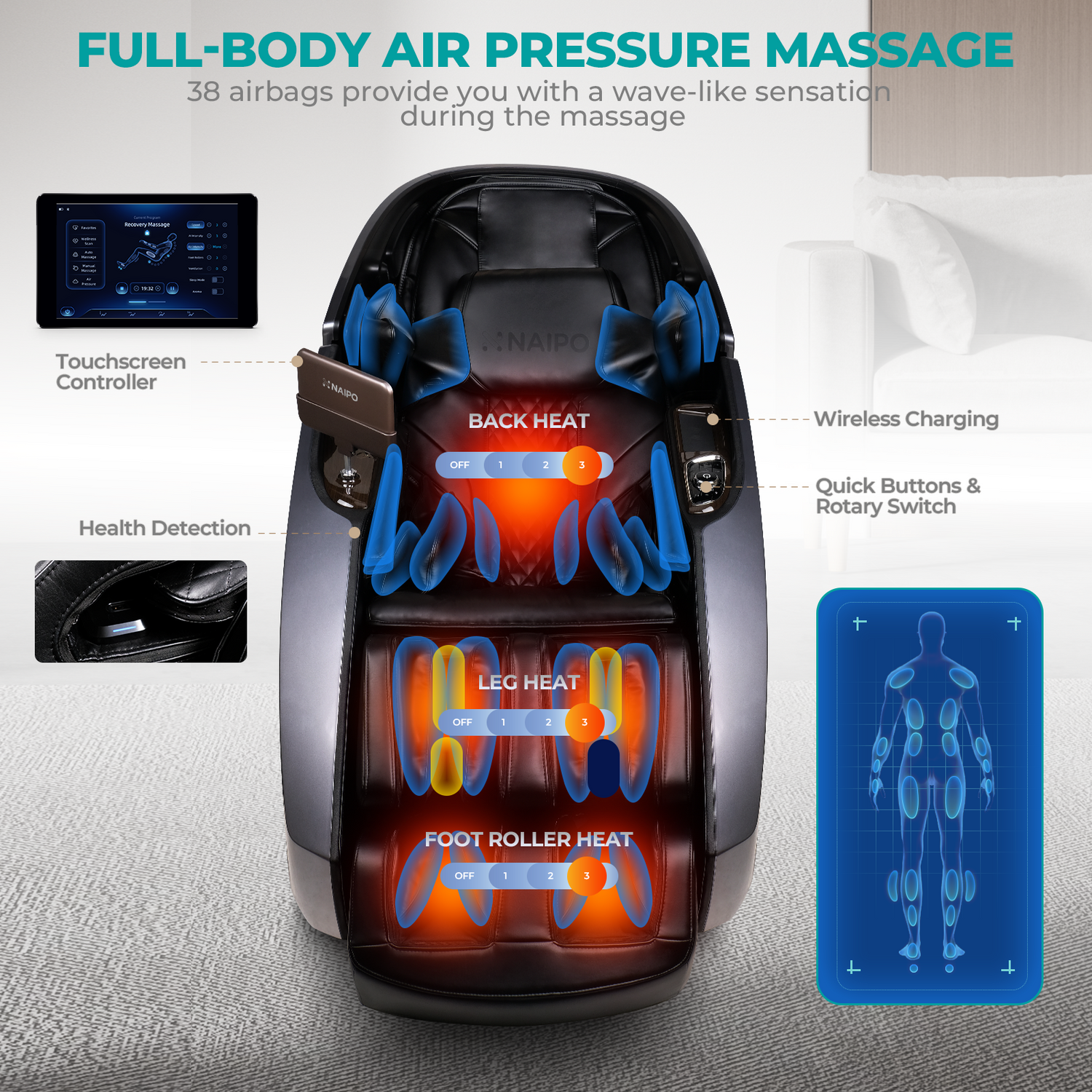 Massagesessel mit detailliertem Diagramm. Touchscreen-Controller, kabelloses Laden, Rücken- und Fußwärme.