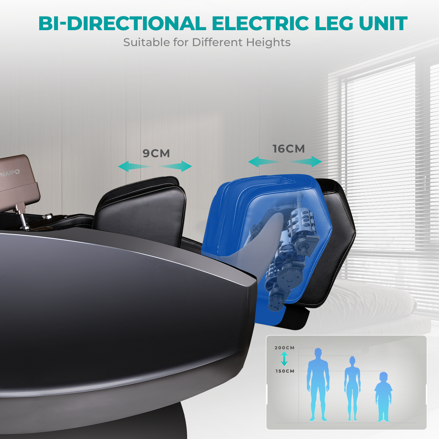 Bidirektionale Bein-Einheit-Massage-Stuhl. Die Höhenverstellung ist angegeben.