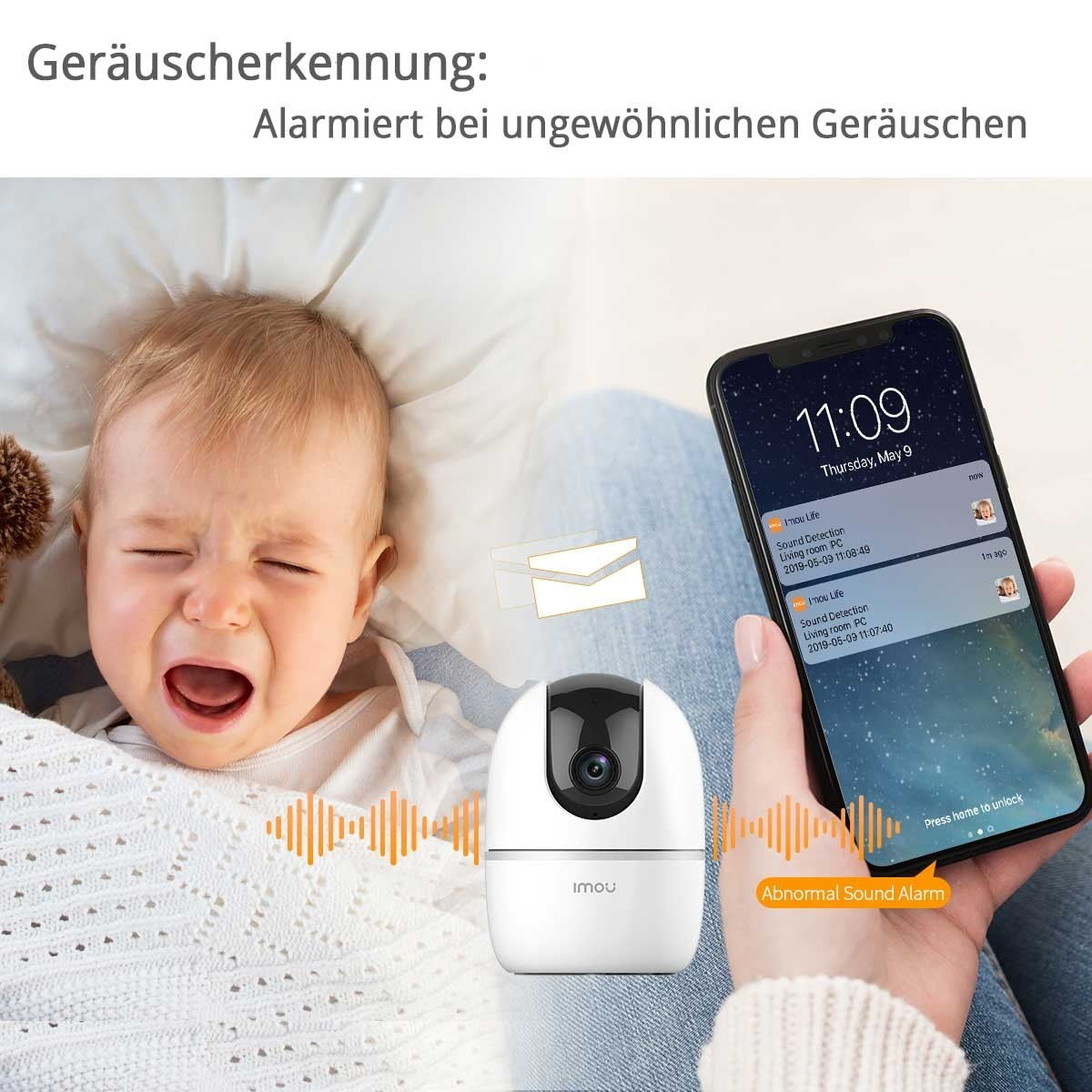 Ein weinendes Baby, ein Telefon mit Benachrichtigung und eine Überwachungskamera. Der Hintergrund ist weiß.