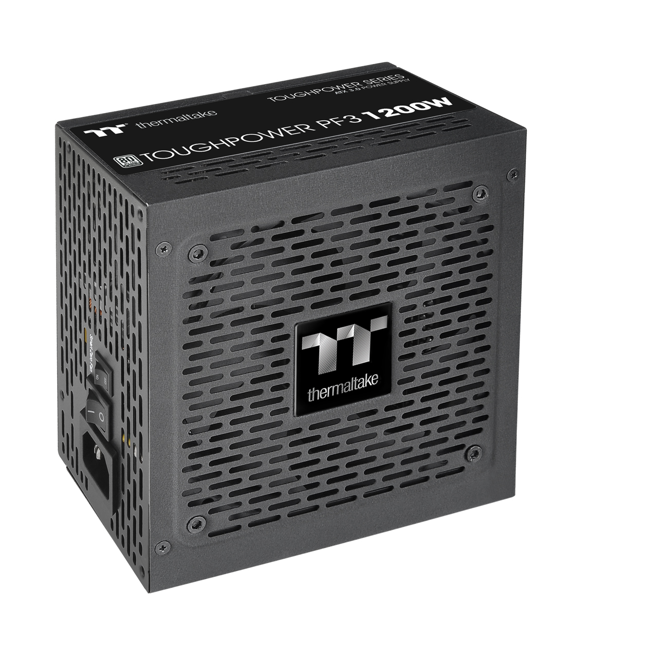 Czarny zasilacz Thermaltake Toughpower. Perforowana konstrukcja i kształt pudełka.