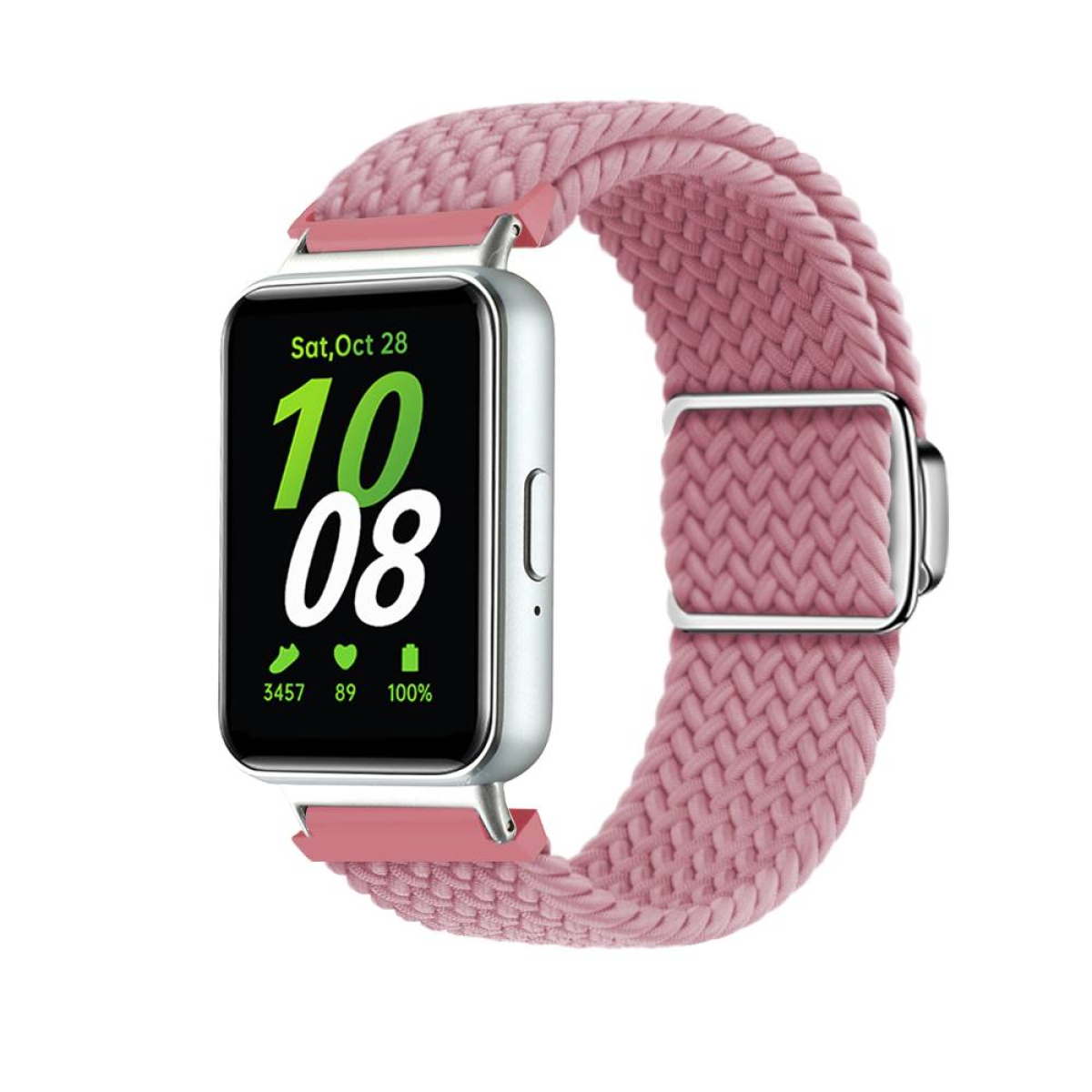 Smartwatch mit rosa geflochtenem Armband. Das Zifferblatt zeigt Datum, Uhrzeit, Schritte und Akkulaufzeit.