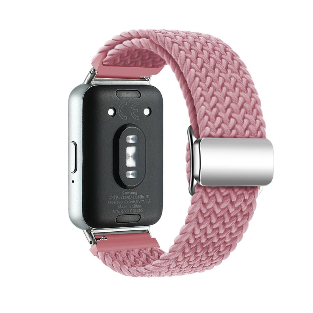 Nahaufnahme einer Smartwatch mit pinkfarbenem geflochtenem Armband.