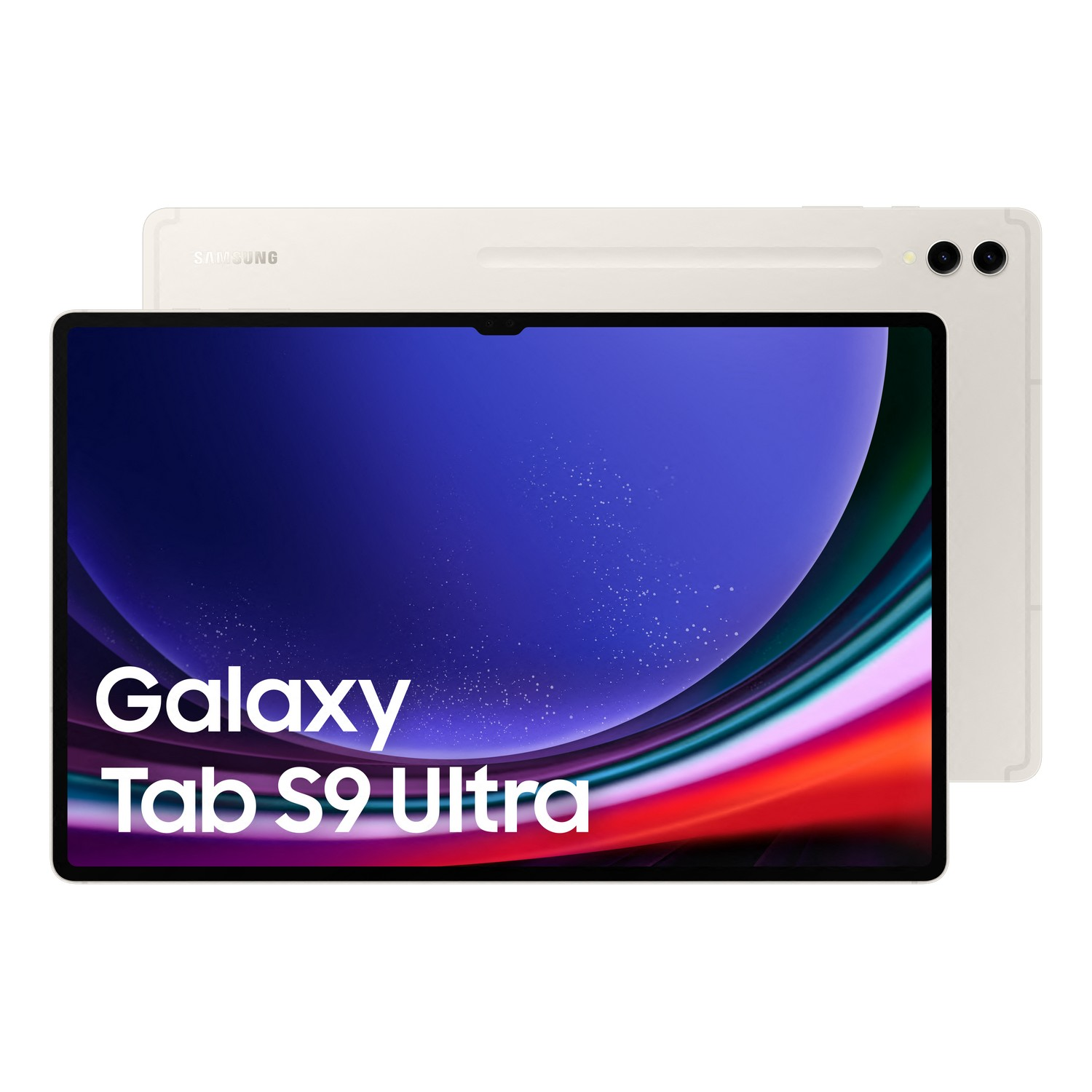 Een Galaxy Tab S9 Ultra tablet in beige, met de voor- en achterkant.