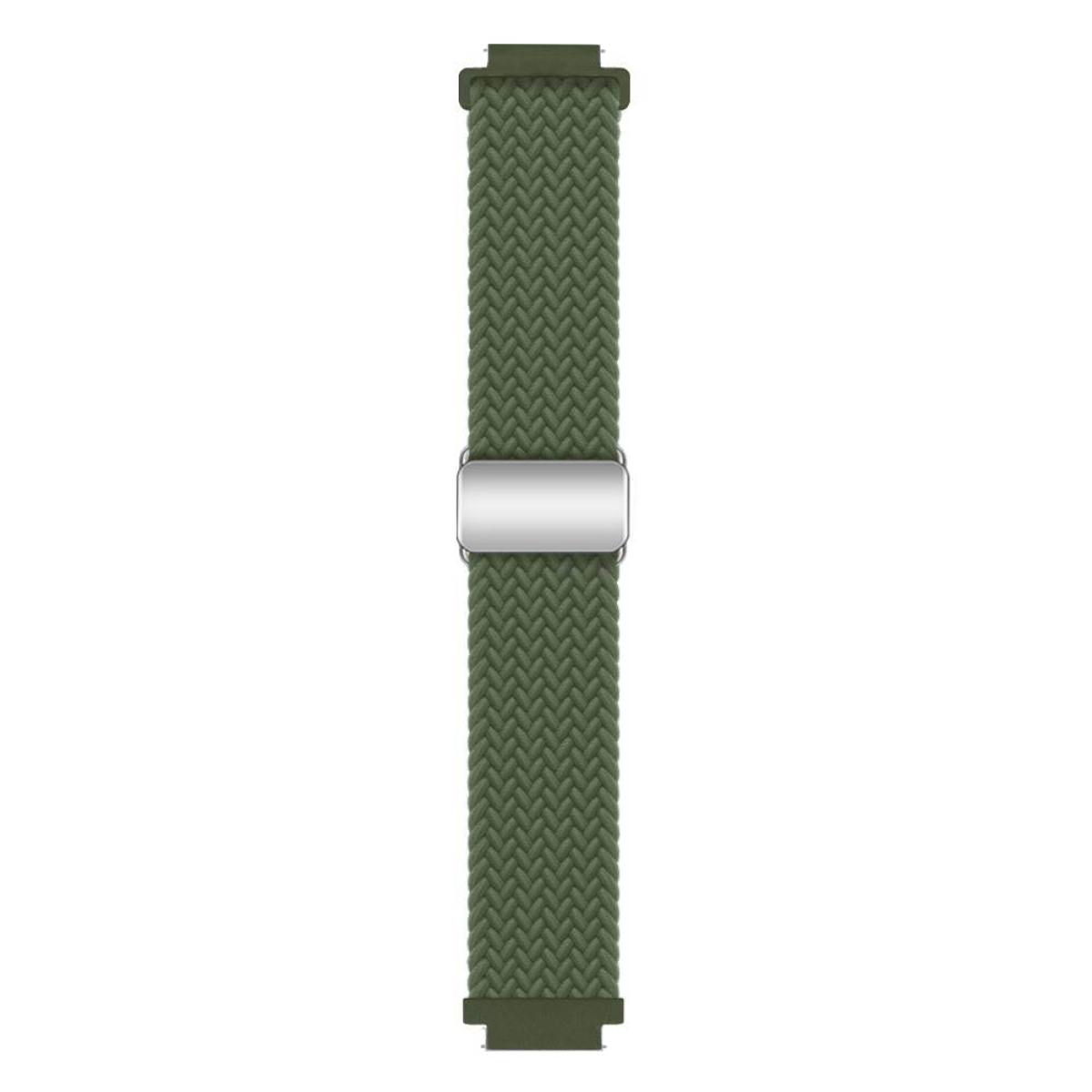 Grünes geflochtenes Uhrenarmband mit silbernem Verschluss. Das Band ist einfarbig mit Webmuster.