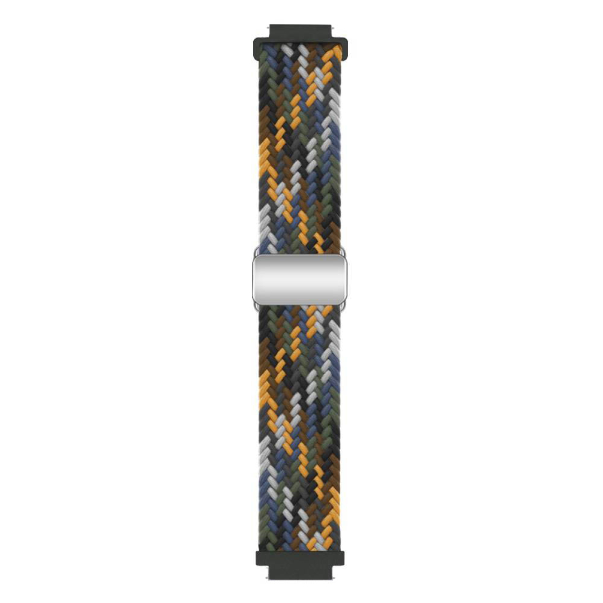 Mehrfarbiges Uhrenarmband mit Webmuster. Die Farben umfassen Grün, Braun und Gelb.