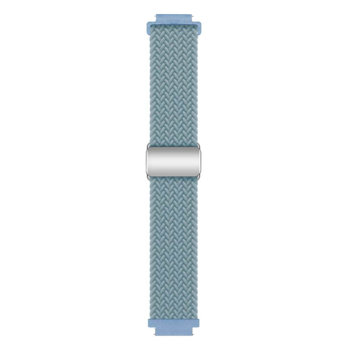 Hellblaues gewebtes Uhrenarmband mit silberner Schließe und blauen Anschlüssen, vor weißem Hintergrund.