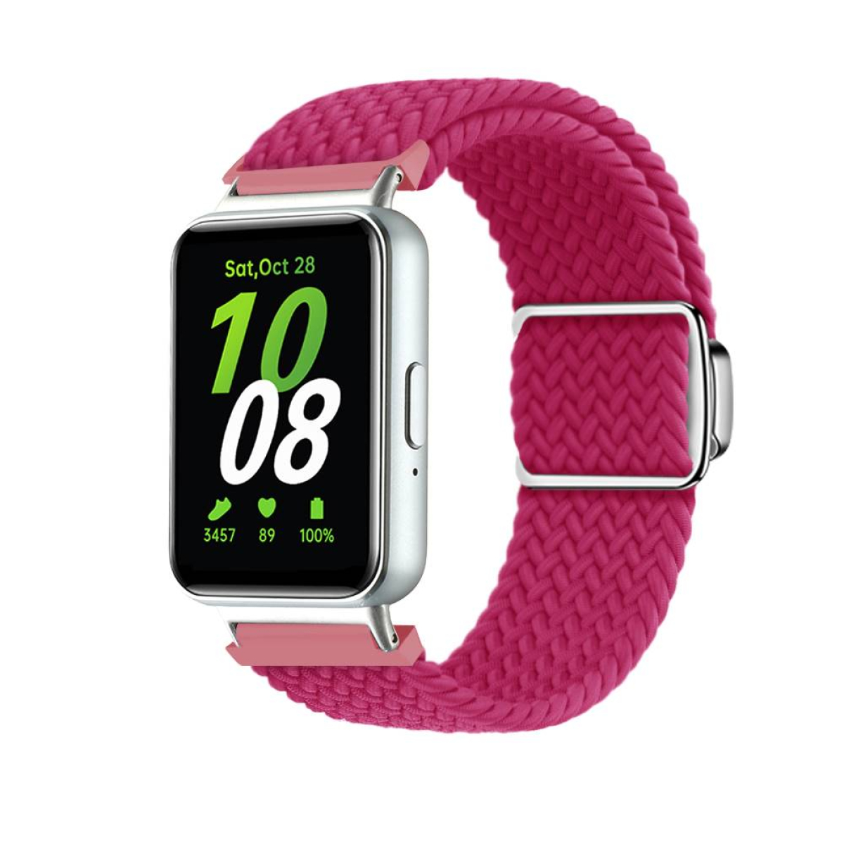 Eine Smartwatch mit pinkfarbenem geflochtenem Armband.