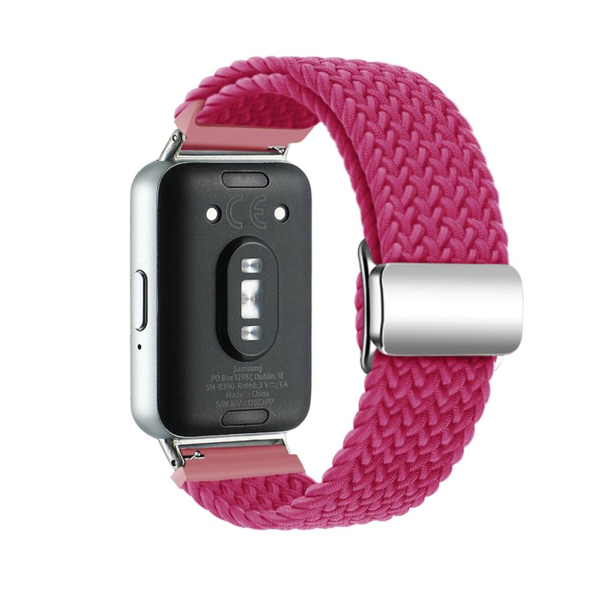 Smartwatch mit pinkfarbenem geflochtenem Armband. Die Uhr ist silber und schwarz.