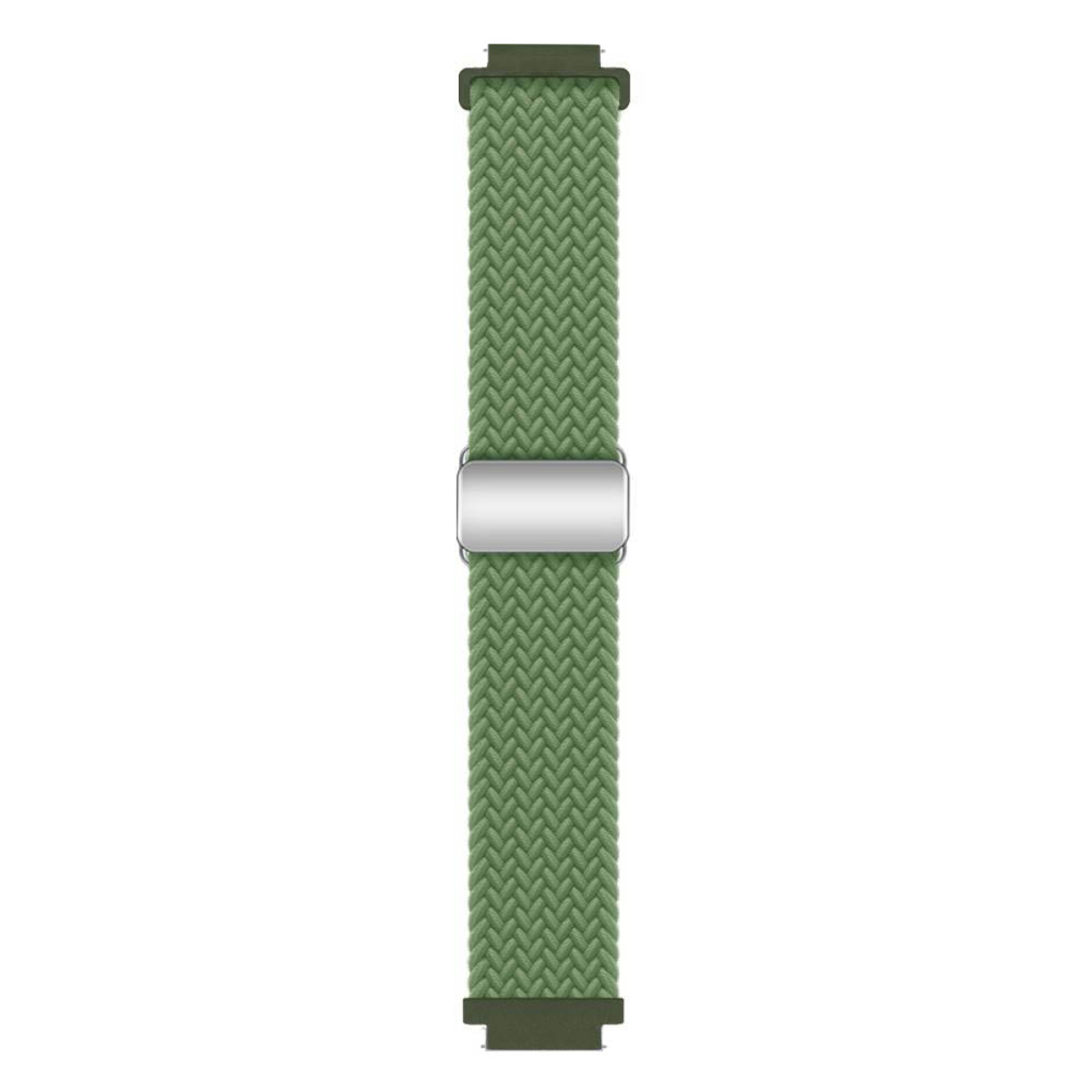 Grünes gewebtes Uhrenarmband mit silberner Schließe. Das Band ist grün.