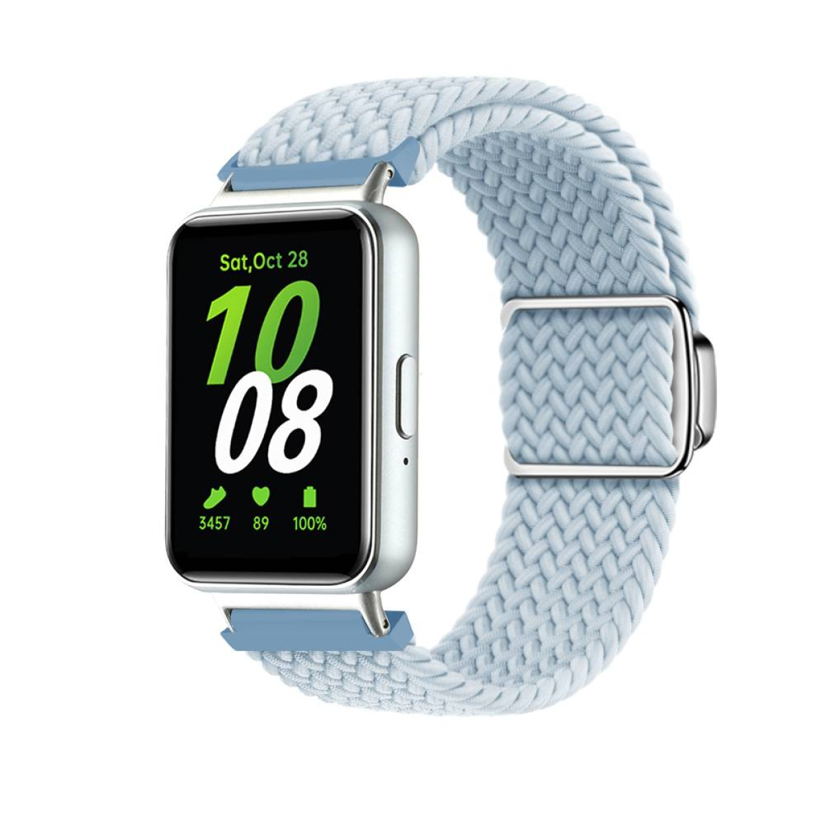 Silberne Smartwatch mit hellblauem, gewebtem Armband, das Zeit und Aktivitätskennzahlen anzeigt.