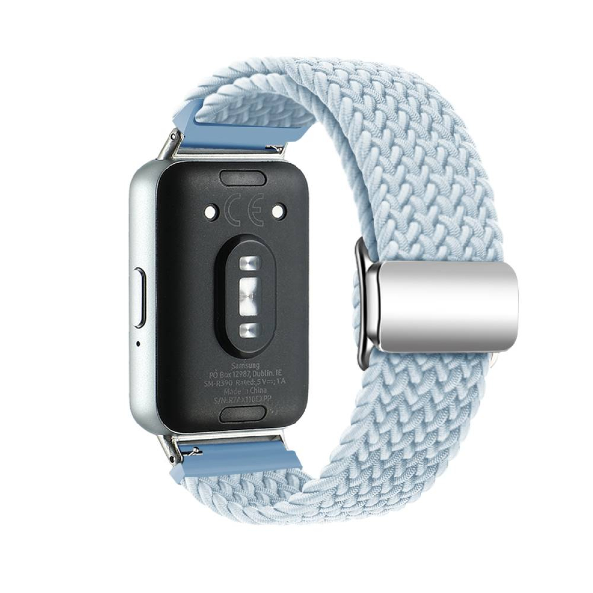 Smartwatch-Rückseite mit hellblauem Stoffarmband und Samsung-Logo.