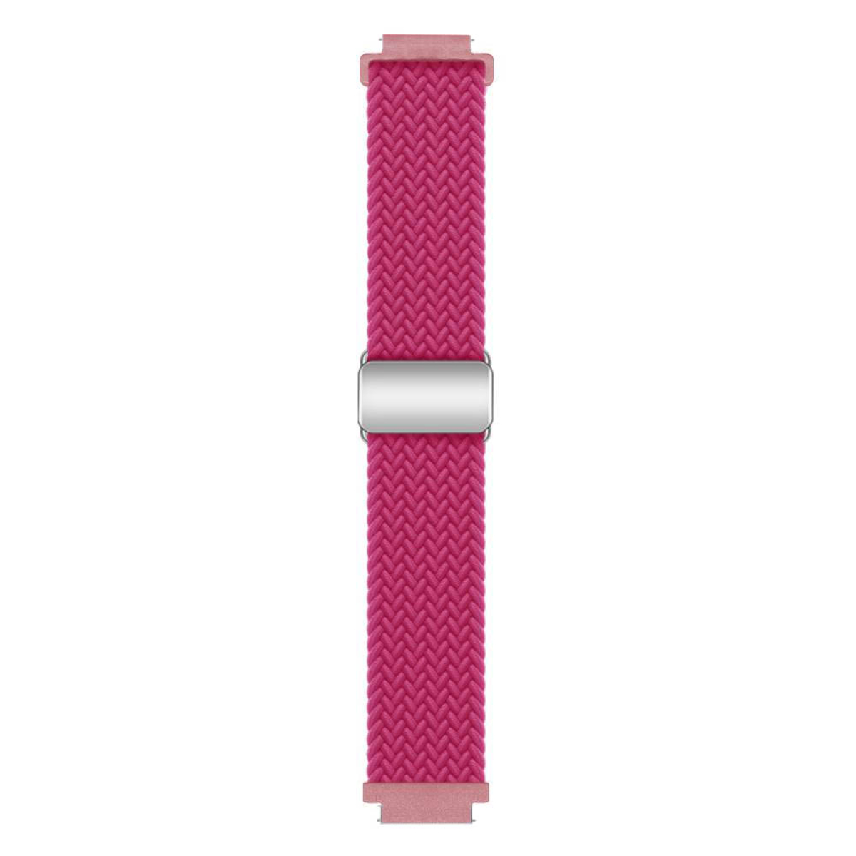 Ein rosa geflochtenes Uhrenarmband mit silbernem Verschluss.