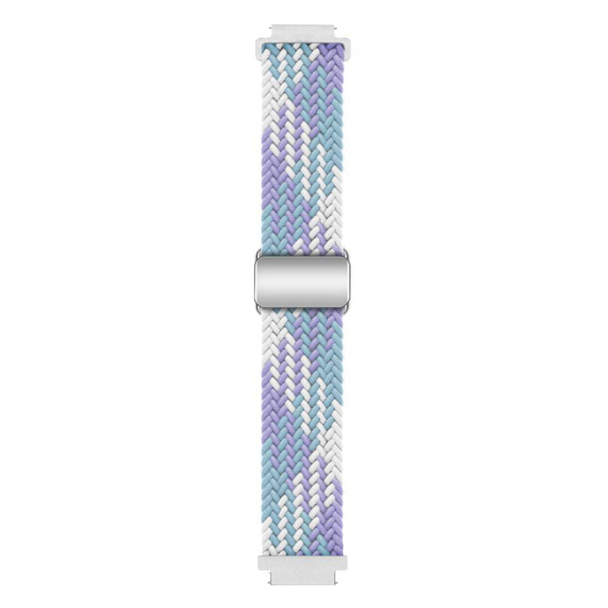 Geflochtenes Uhrenarmband mit blauen, weißen und lila Strähnen. Silberner Verschluss. Draufsicht.