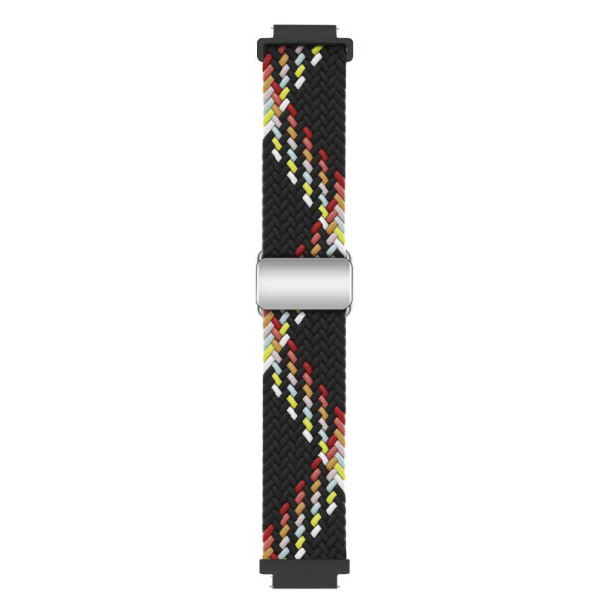 Schwarzes geflochtenes Uhrenarmband mit farbenfrohem Zickzackmuster.