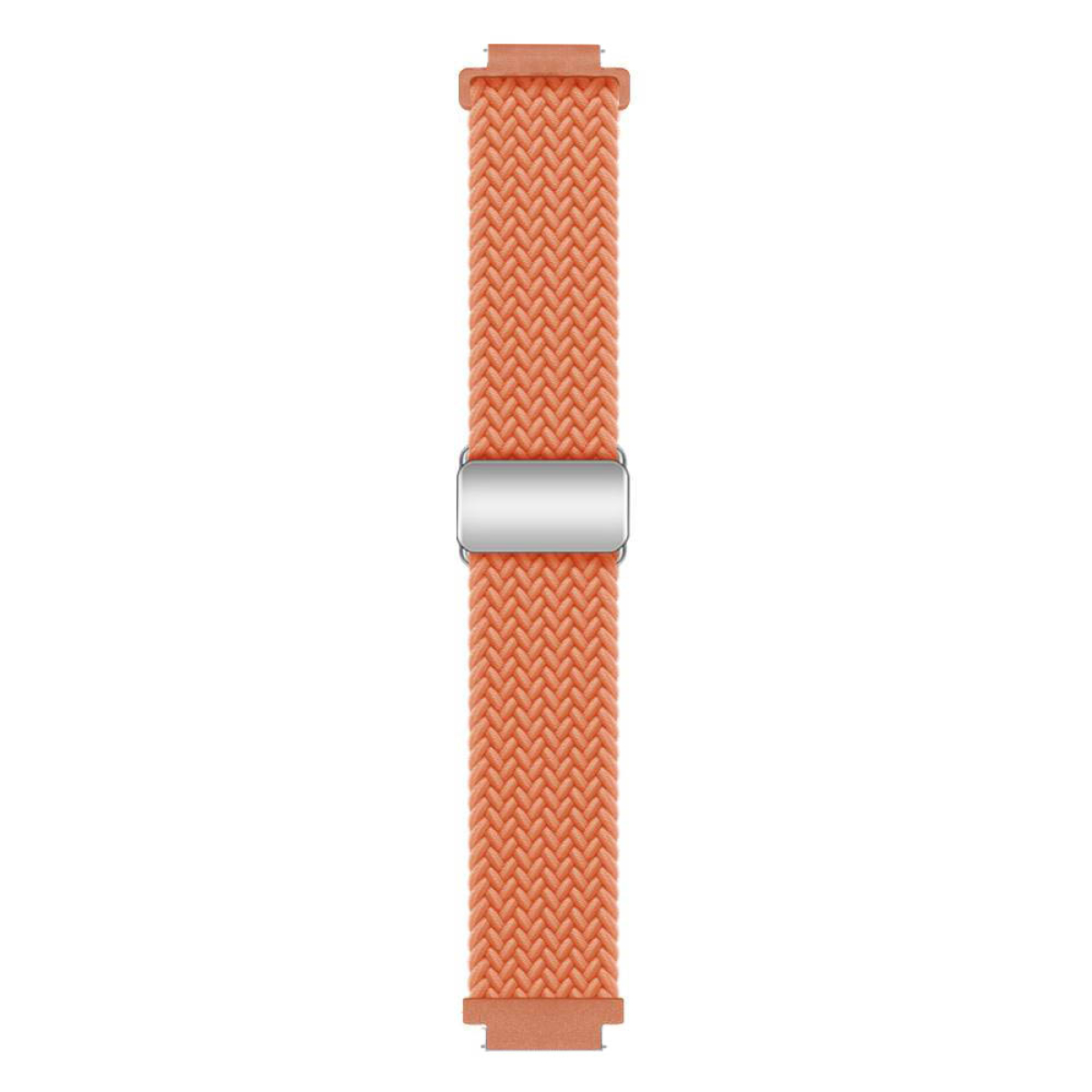 Ein orangefarbenes, gewebtes Uhrenarmband mit silberner Schließe. Der Hintergrund ist weiß.
