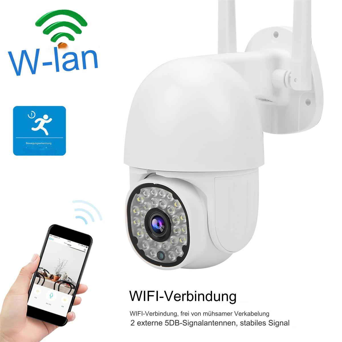 Weiße WLAN-Überwachungskamera mit zwei Antennen, verbunden mit einem Telefon, das die Ansicht anzeigt.